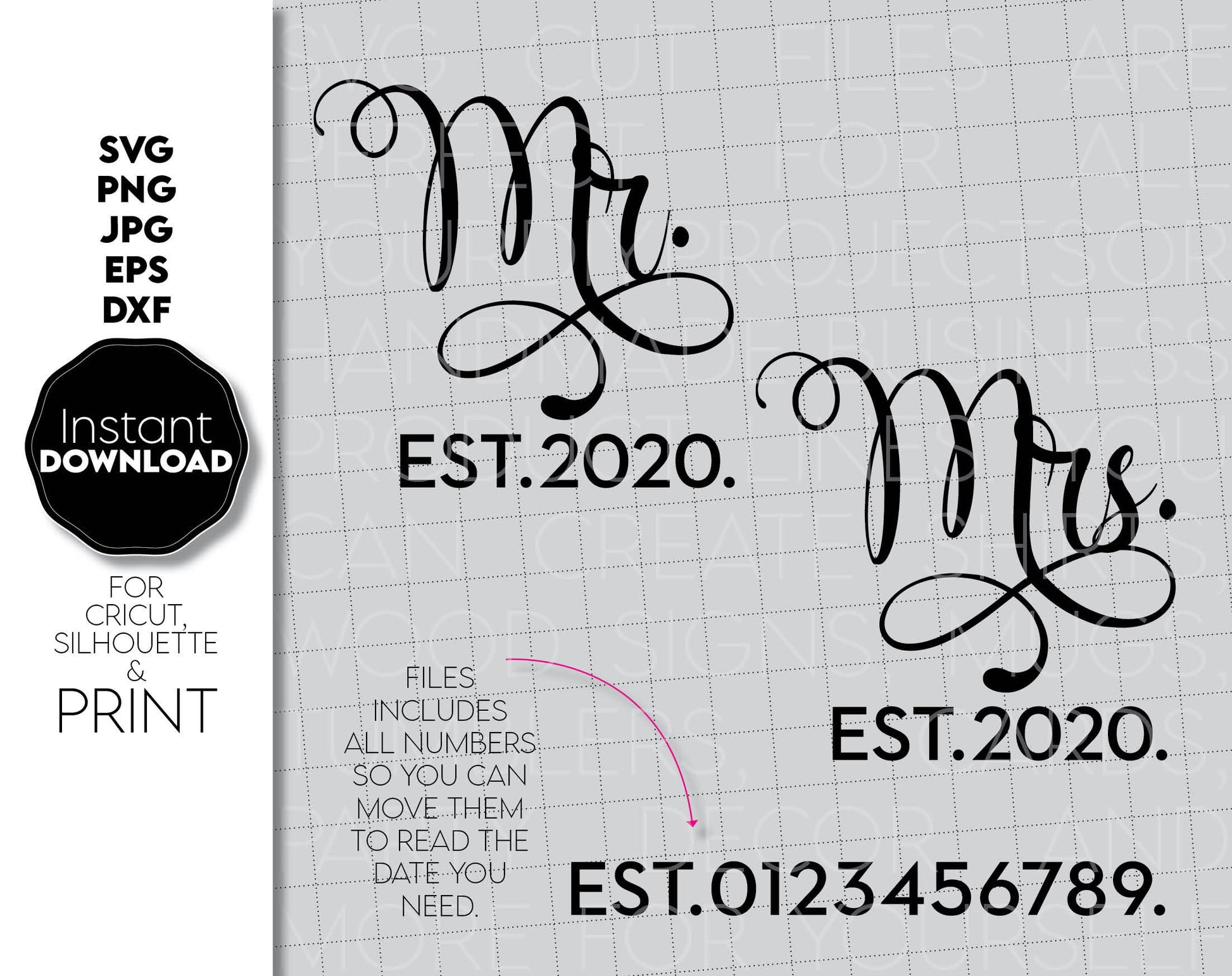 Mr And Mrs Wedding file design you can use to surprise and delight your loved ones in an important event in life. Mr and Mrs sign are great and thoughtful gifts for weddings, wedding anniversaries, etc. Compatible with Cricut, Silhouette. Buy now!