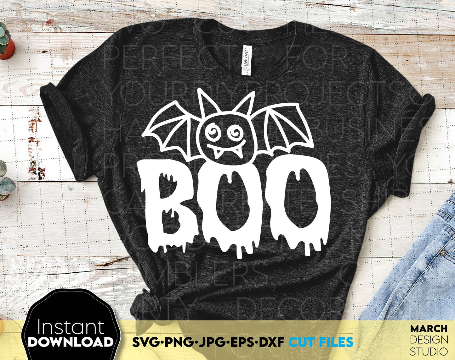 Boo Bat design for your Halloween evening project. The SVG, PNG, DXF, EPS or JPG file format allows this design to be used for shirts, mugs, wall decorations or front porch door decorations. Use with Cricut, Silhouette, Glowforge or as laser cut.