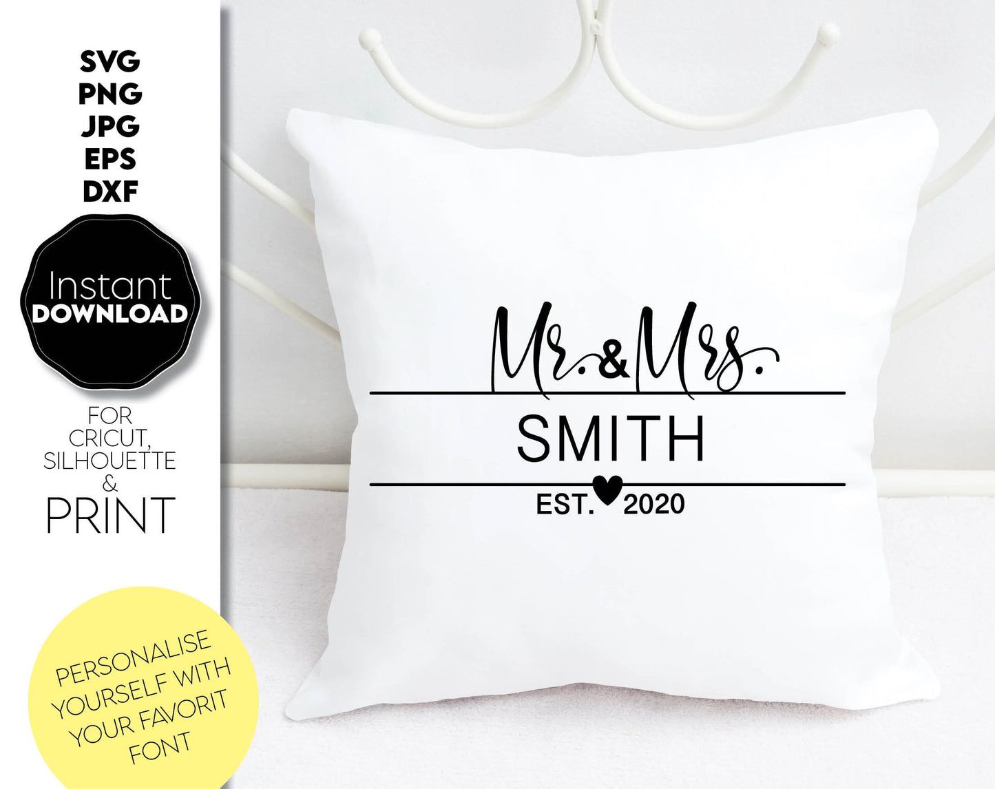 Mr. and Mrs. Split Family Name Sign design for Your gift projects or home decoration. Files allow you to use designs for engraving on glass, making shirts, tumblers with Cricut, Silhouette equipment. Monogram files designed and use for laser cutting.