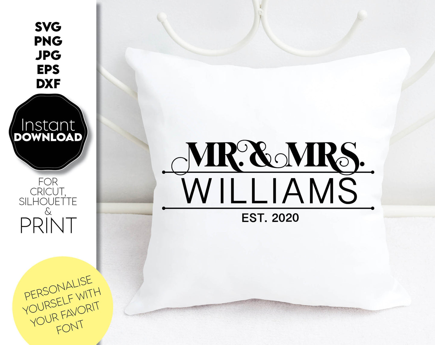 Mr and Mrs split wedding family name monogram. SVG PNG JPGEPS DXF files included. Compatible with Cricut, Silhouette or other equipment.Cut from vinyl, use for sublimation or laser cut or grave projects. Buy now for a good price and enjoy!