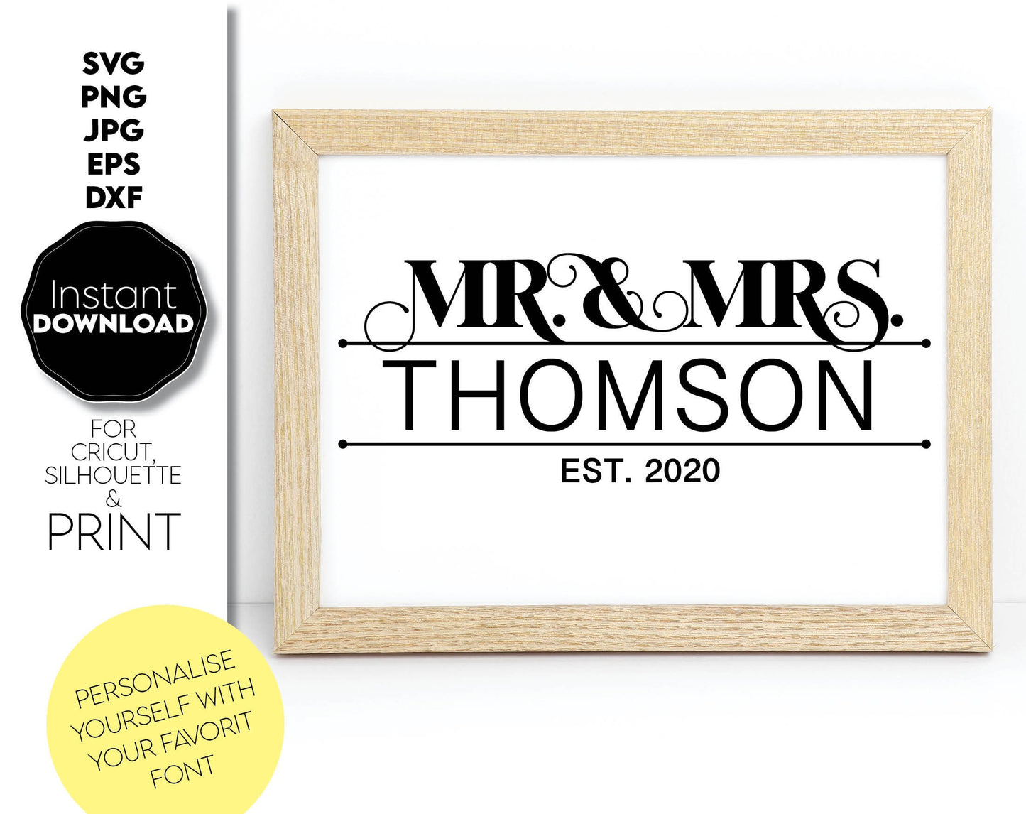 Mr and Mrs split wedding family name monogram. SVG PNG JPGEPS DXF files included. Compatible with Cricut, Silhouette or other equipment.Cut from vinyl, use for sublimation or laser cut or grave projects. Buy now for a good price and enjoy!