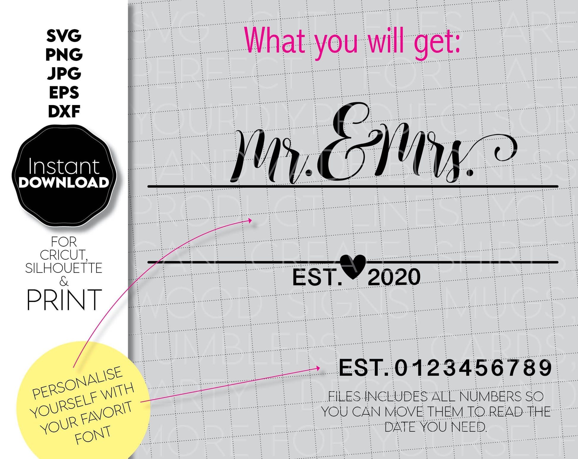 Mr. and Mrs. wedding split monogram. Design for wedding post boxes, gifts, welcome signs or other wedding gift ideas. SVG, PNG, JPG, EPS, DXF files included. Compatible with Cricut or others machines. Use for sublimation or laser cut projects as well