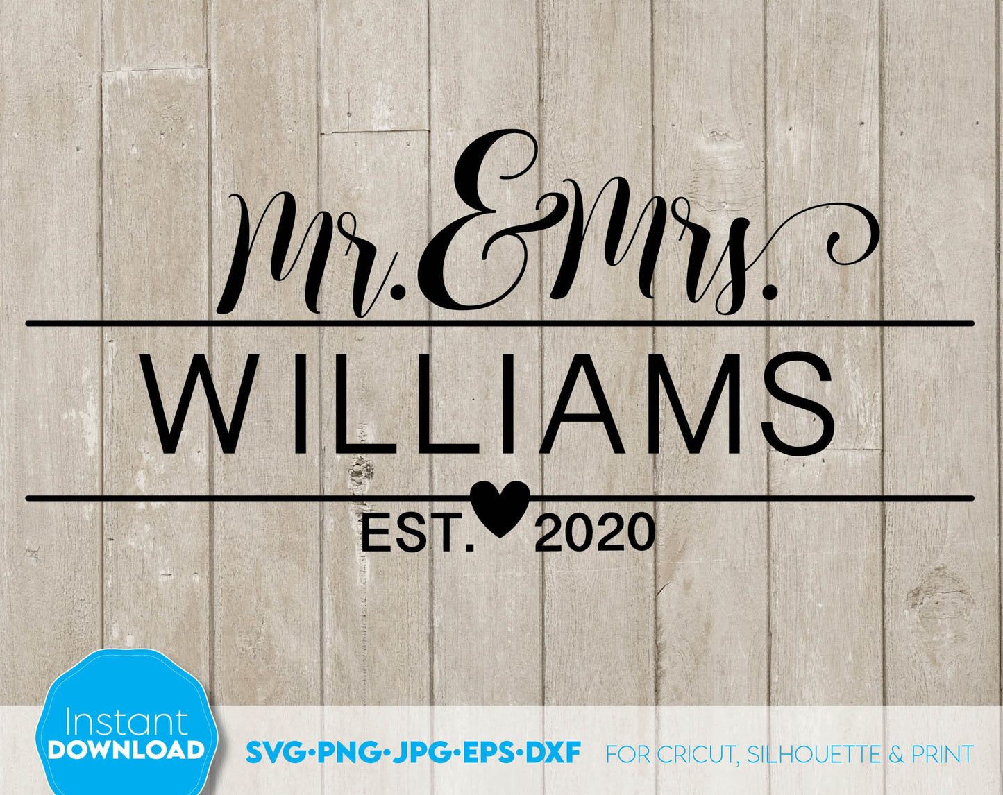 Mr. and Mrs. wedding split monogram. Design for wedding post boxes, gifts, welcome signs or other wedding gift ideas. SVG, PNG, JPG, EPS, DXF files included. Compatible with Cricut or others machines. Use for sublimation or laser cut projects as well