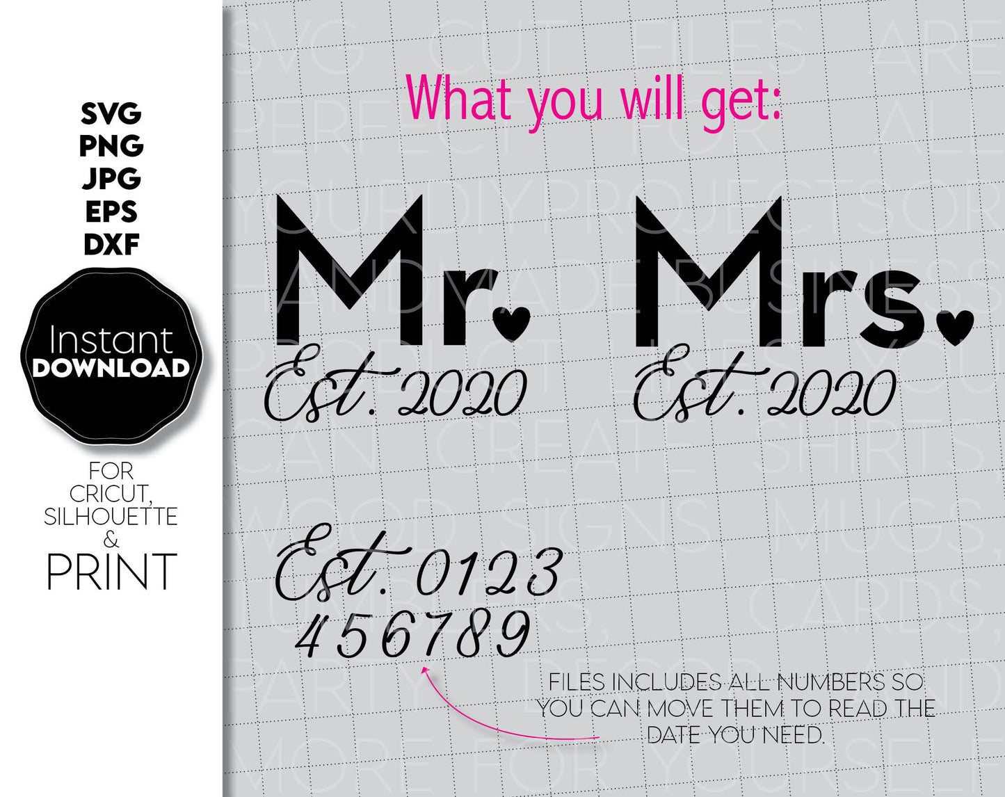 mr. and mrs. sign for wedding or shirts design. Use for cutting form vinyl, sublimation or laser cut projects. SVG, PNG, JPG, DXF, EPS files included. Compatible with Cricut, Silhouette, Glowforge and other equipment. Buy now for a good price, enjoy!