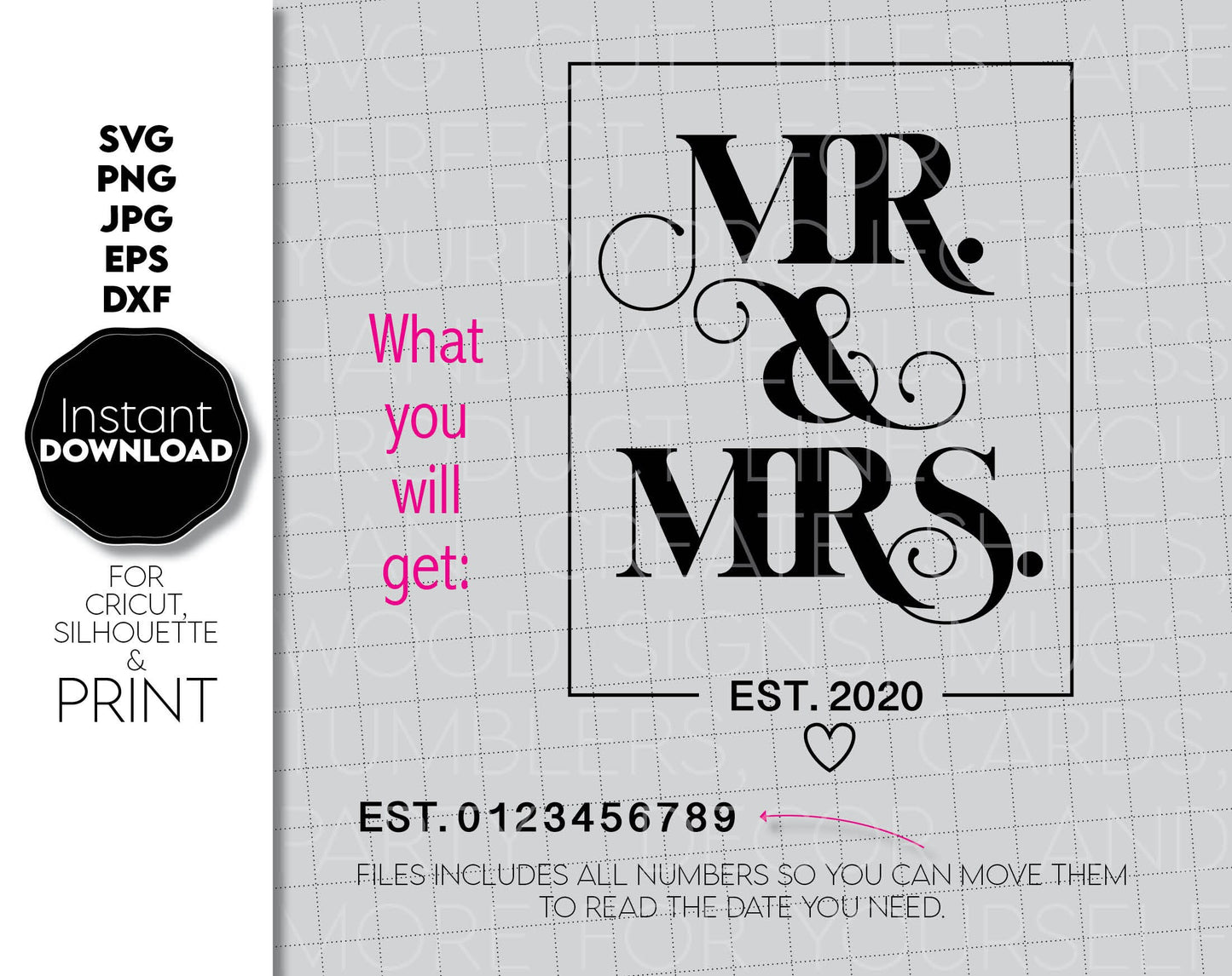 Mr and Mrs sign for Your wedding gift ideas. SVG PNG JPG EPS DXF files included. Compatible with Cricut, Silhouette or other equipment. Cut from vinul, use for sublimation or laser cut or grave projects. Buy now for a good price and enjoy!