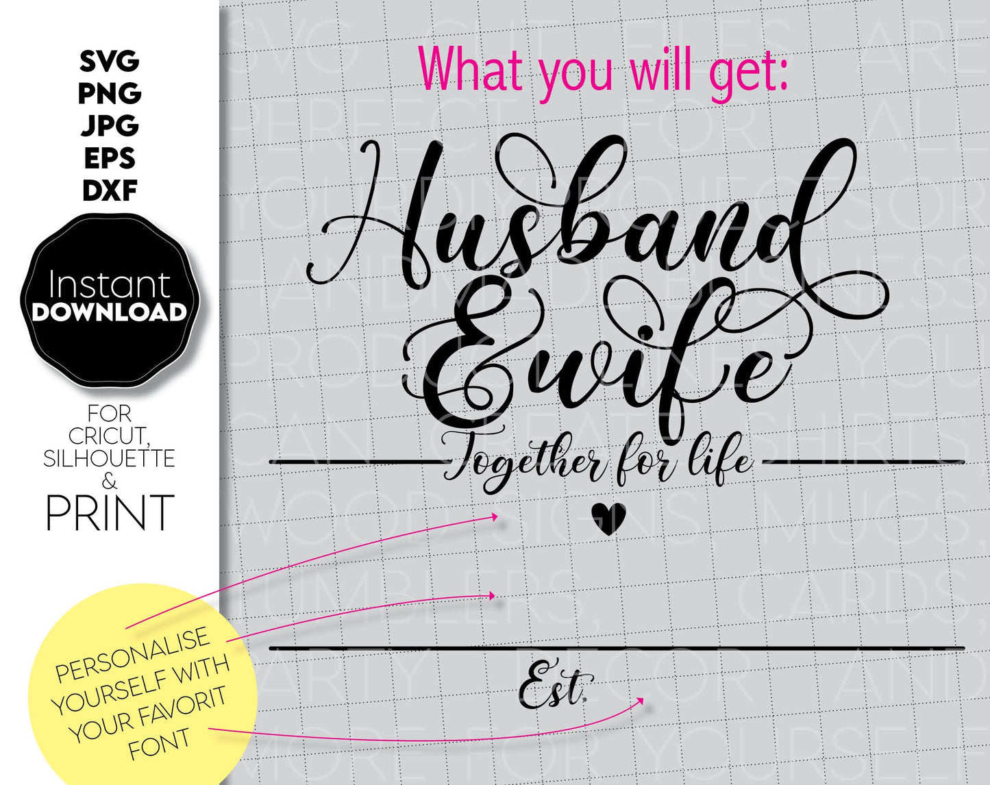 Husband and wife family name monogram. Custom family sign for Your wedding. SVG, PNG, JPG, EPS, DXF files included. Compatible with Cricut, Silhouette or other machines. Cut from vinyl, use for sublimation or laser cut projects. But now and enjoy!