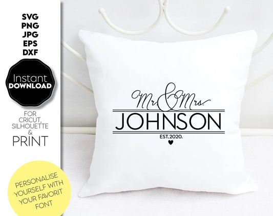 Mr. and Mrs. Split Family Name Monogram design is great for wedding or wedding anniversary gifts. Use it to make personal and memorable gifts for your loved ones on special occasions. Use with vinyl or with laser cutting technology. Buy now and enjoy