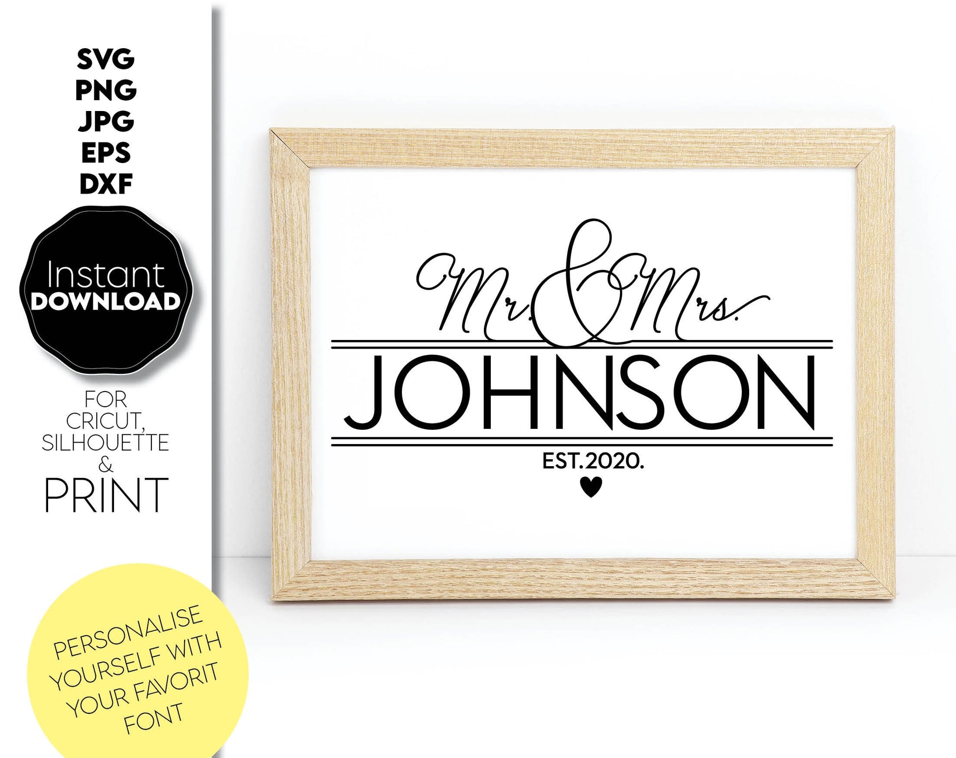 Mr. and Mrs. Family Name Monogram design is great for wedding or wedding anniversary gifts. Use it to make personal and memorable gifts for your loved ones on special occasions. Use with vinyl or with laser cutting technology. Buy now and enjoy!