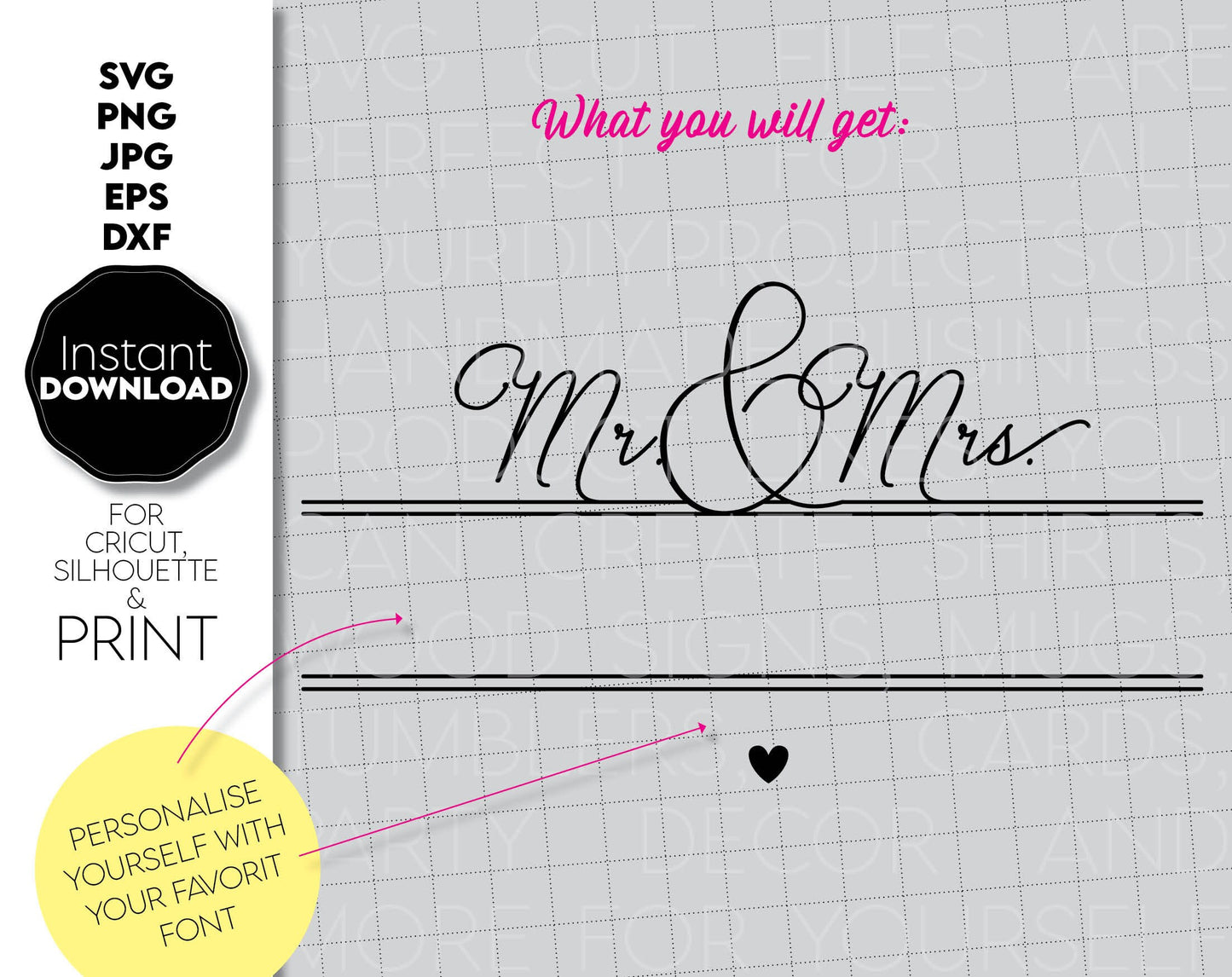 Mr. and Mrs. Family Name Monogram design is great for wedding or wedding anniversary gifts. Use it to make personal and memorable gifts for your loved ones on special occasions. Use with vinyl or with laser cutting technology. Buy now and enjoy!