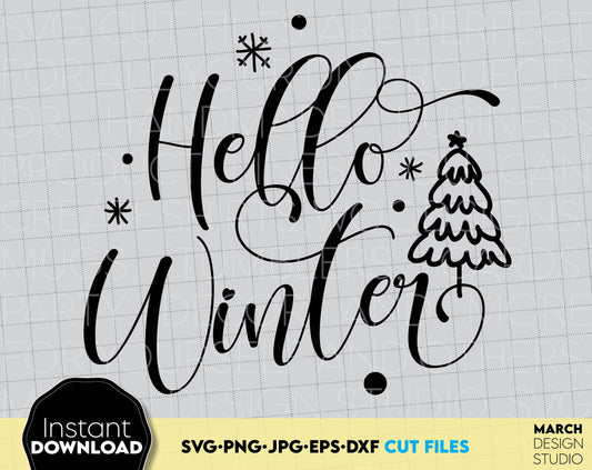 Hello Winter SVG design you can use them to surprise and delight your loved ones on Christmas. Christmas files in various formats allow you to use designs for engraving on glass, making shirts, tumblers, ornaments with Cricut, Silhouette equipment.