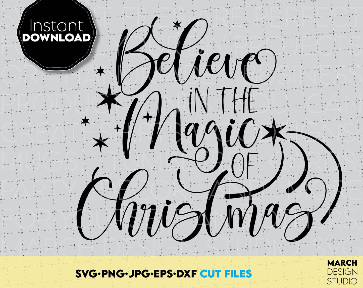 Believe in the magic of Christmas svg file for cutting from vinyl or png for sublimation. SVG, PNG, JPG, EPS, DXF files included. Compatible with Cricut, Silhouette or other machines. Cut from vinyl, use for sublimation or laser cut projects. Enjoy!