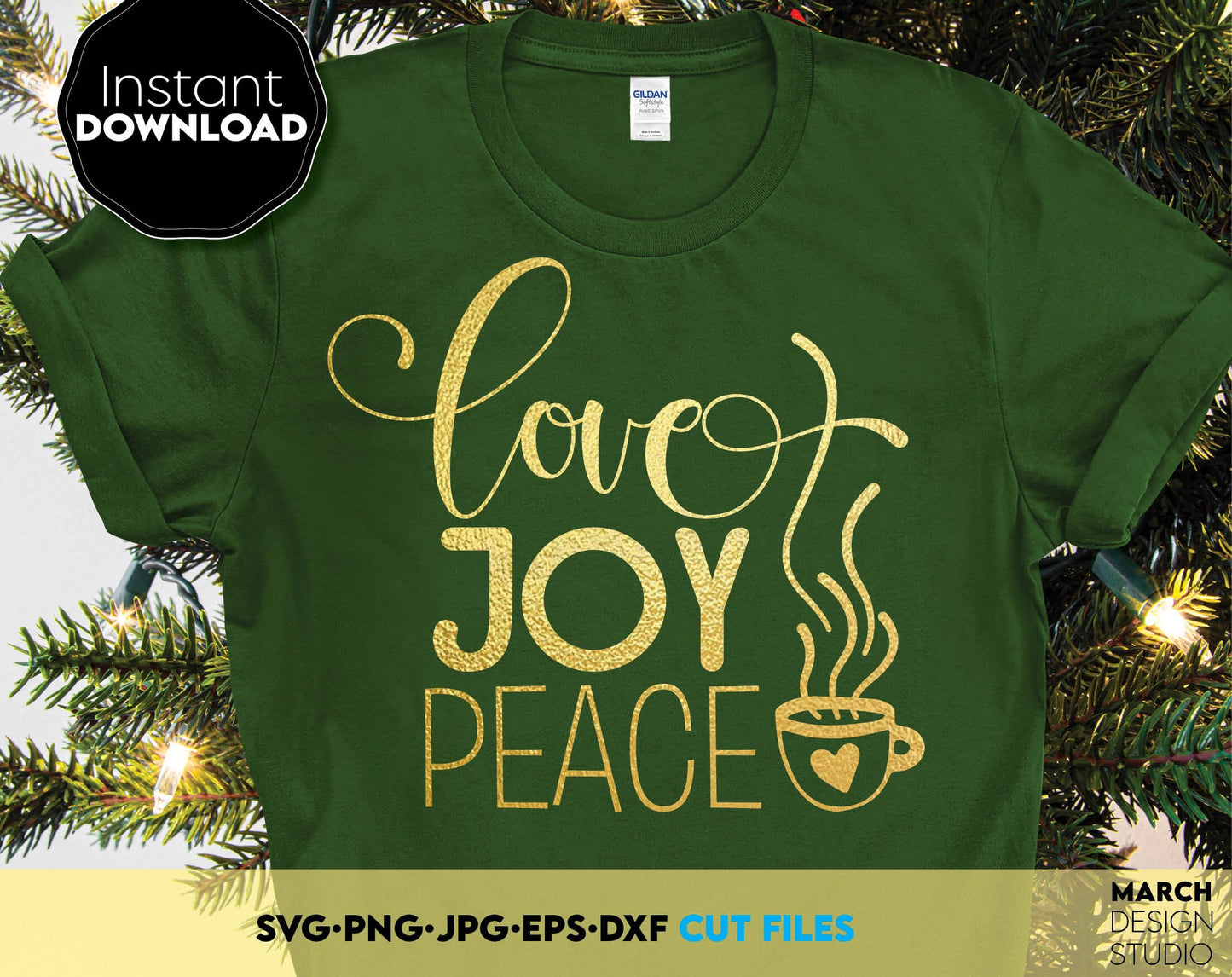 Love Joy Peace Christmas design to surprise and delight your loved ones on Christmas. JPG, SVG, PNG, DXF, EPS files allow you to use designs for engraving on glass, making shirts, tumblers, ornaments with Cricut, Glowforge Silhouette equipment.