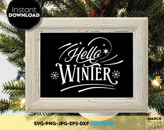 Hello winter beautiful sign for Your Christmas or New Year ornaments. Files compatible with Cricut, Silhouette, sublimation printers or other equipment. Buy now for a good price and enjoy!