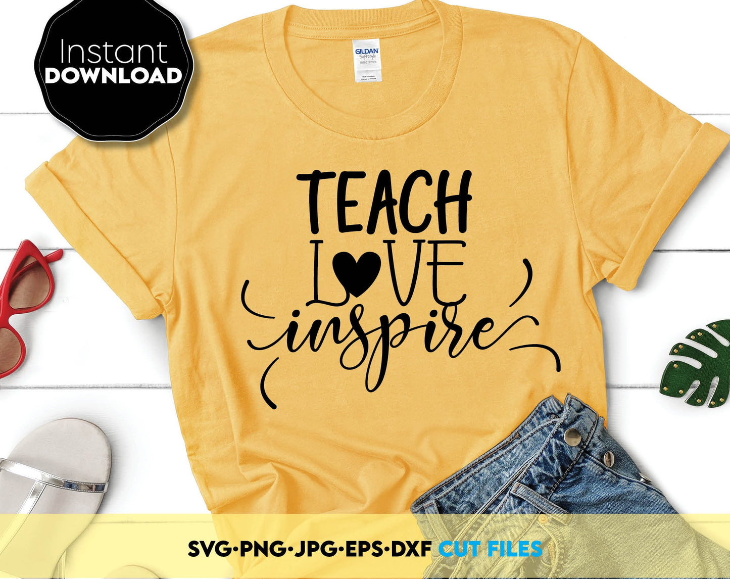 Teach Love Inspire design for teacher shirt. Use SVG for cutting from vinyl or PNG file format for sublimation. Compatible with Cricut, Silhouette or other equipment. Buy now for a good price and enjoy. Usable for laser cut or grave projects as well.