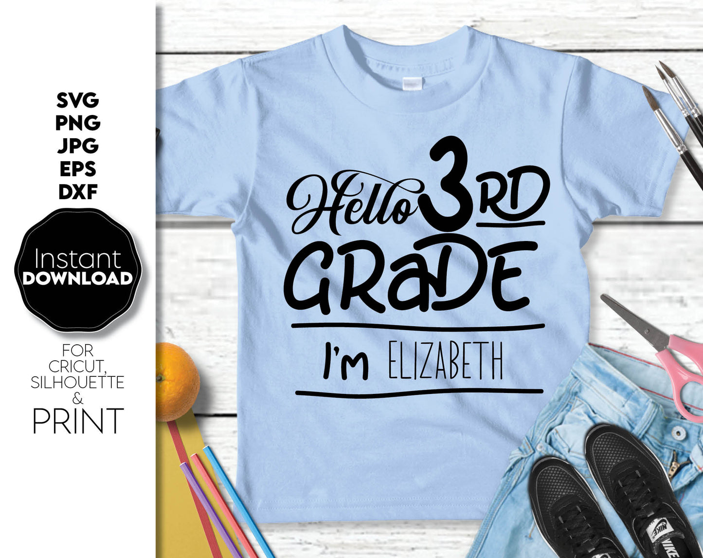 Custom Hello School 3rd grade shirt design. SVG PNG JPG EPS DXF files included. Compatible with Cricut, Silhouette, sublimation printers or other equipment. Cut from vinyl, use for sublimation or laser cut or grave projects. Buy now for a good price!