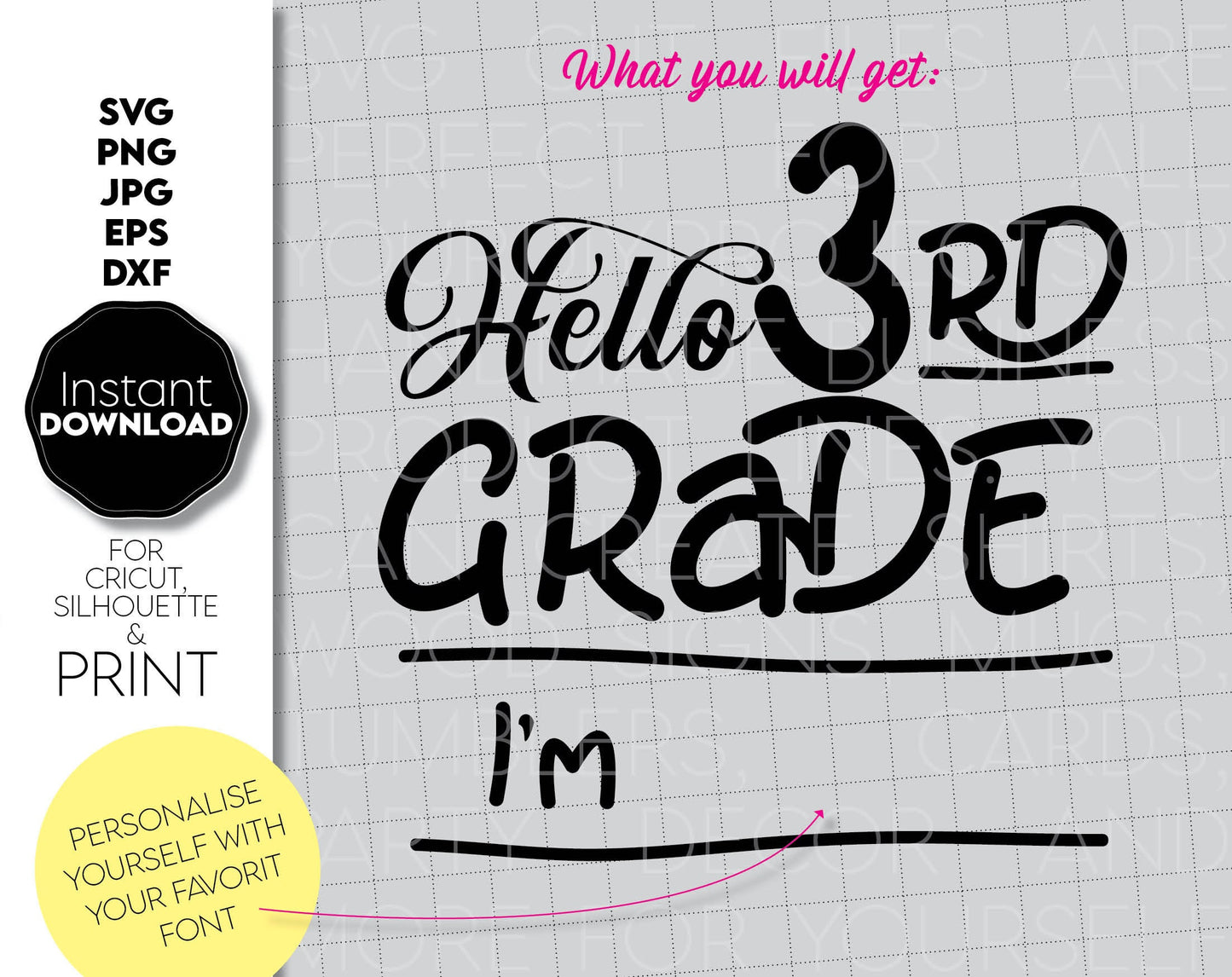 Custom Hello School 3rd grade shirt design. SVG PNG JPG EPS DXF files included. Compatible with Cricut, Silhouette, sublimation printers or other equipment. Cut from vinyl, use for sublimation or laser cut or grave projects. Buy now for a good price!