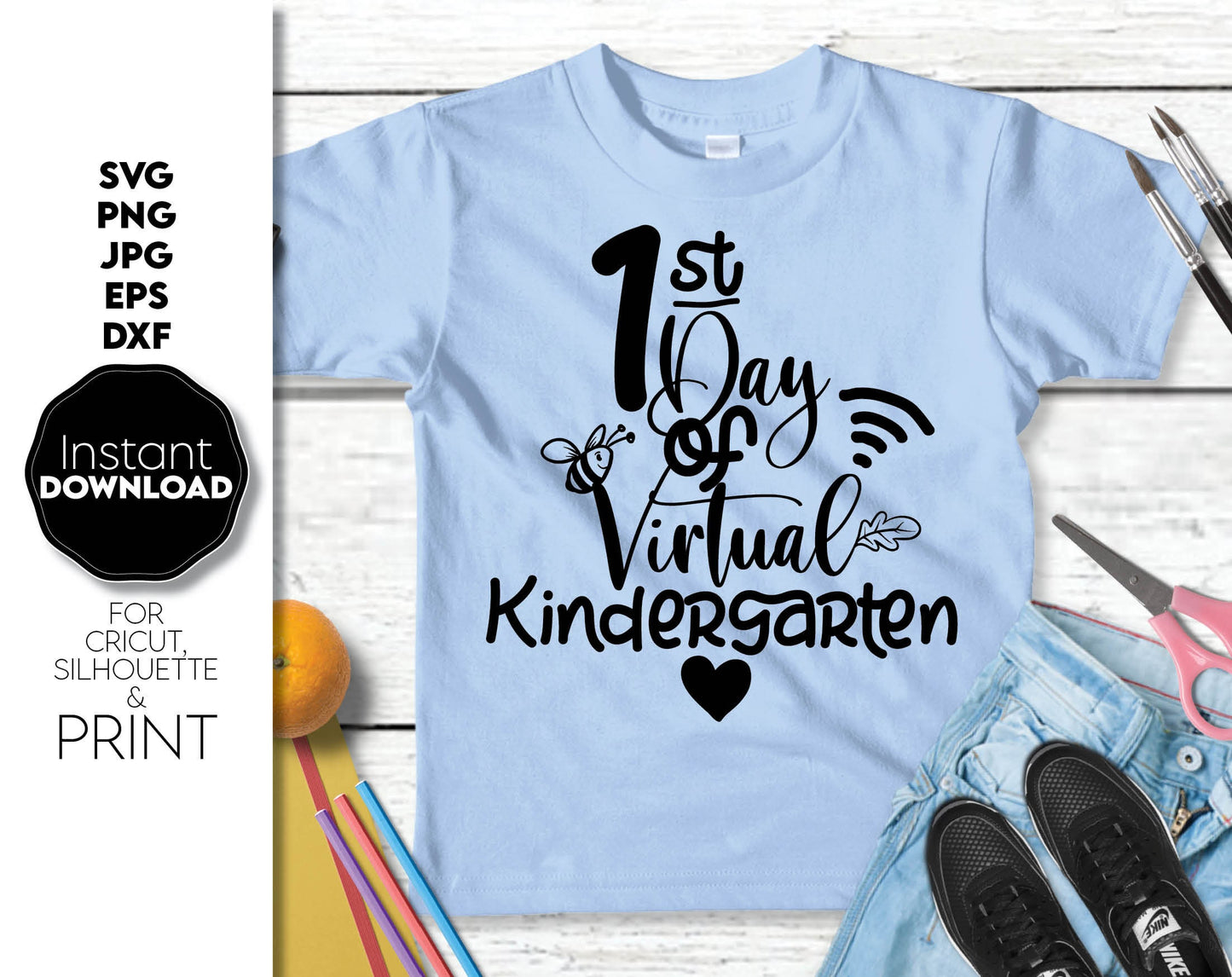 1st day of virtual kindergarten. All popular file formats included. Compatible with cricut, silhouette or other equipment. Use for cutting from vinyl, sublimation or laser cut / grave projects. Buy now for a good price and enjoy!