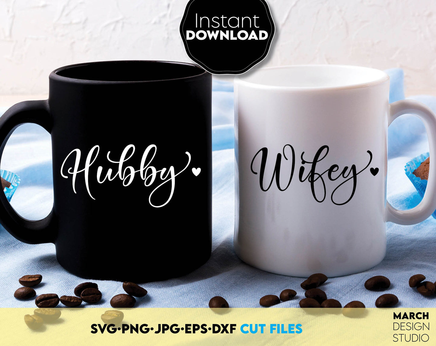 Hubby Wifey design for Your anniversary, wedding or just merried projects. SVG, PNG, EPS, DXF and JPG files included. Compatible with cricut, Silhouette and other machines. Use for sublimation or laser cut projects as well. Buy now and enjoy!