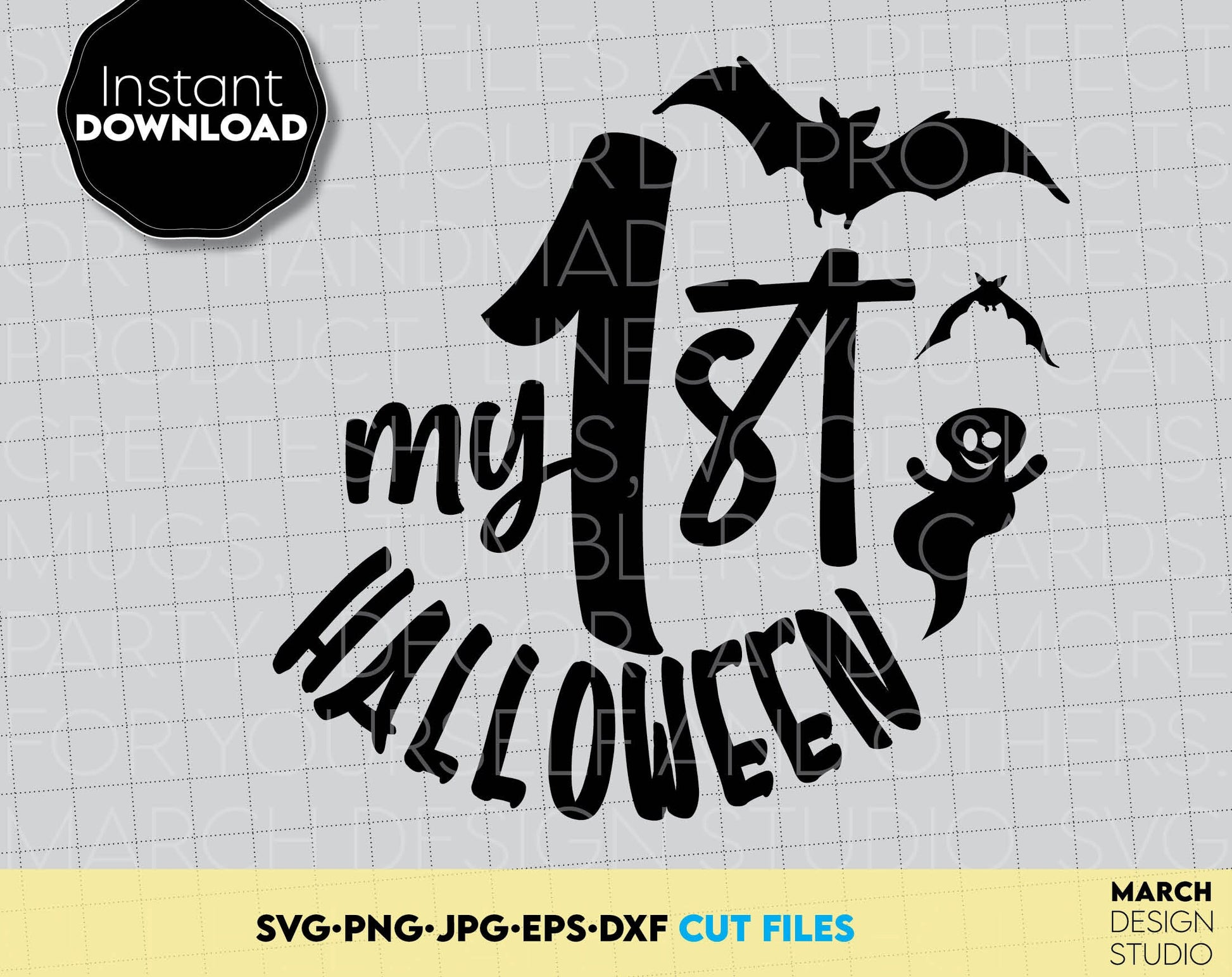 My First Halloween Boo SVG design for your Halloween evening project for kids. The SVG, PNG, DXF, EPS or JPG file format allows this design to be used for shirts, mugs. Compatible with Cricut, Silhouette or other machines. Buy now for a good price!