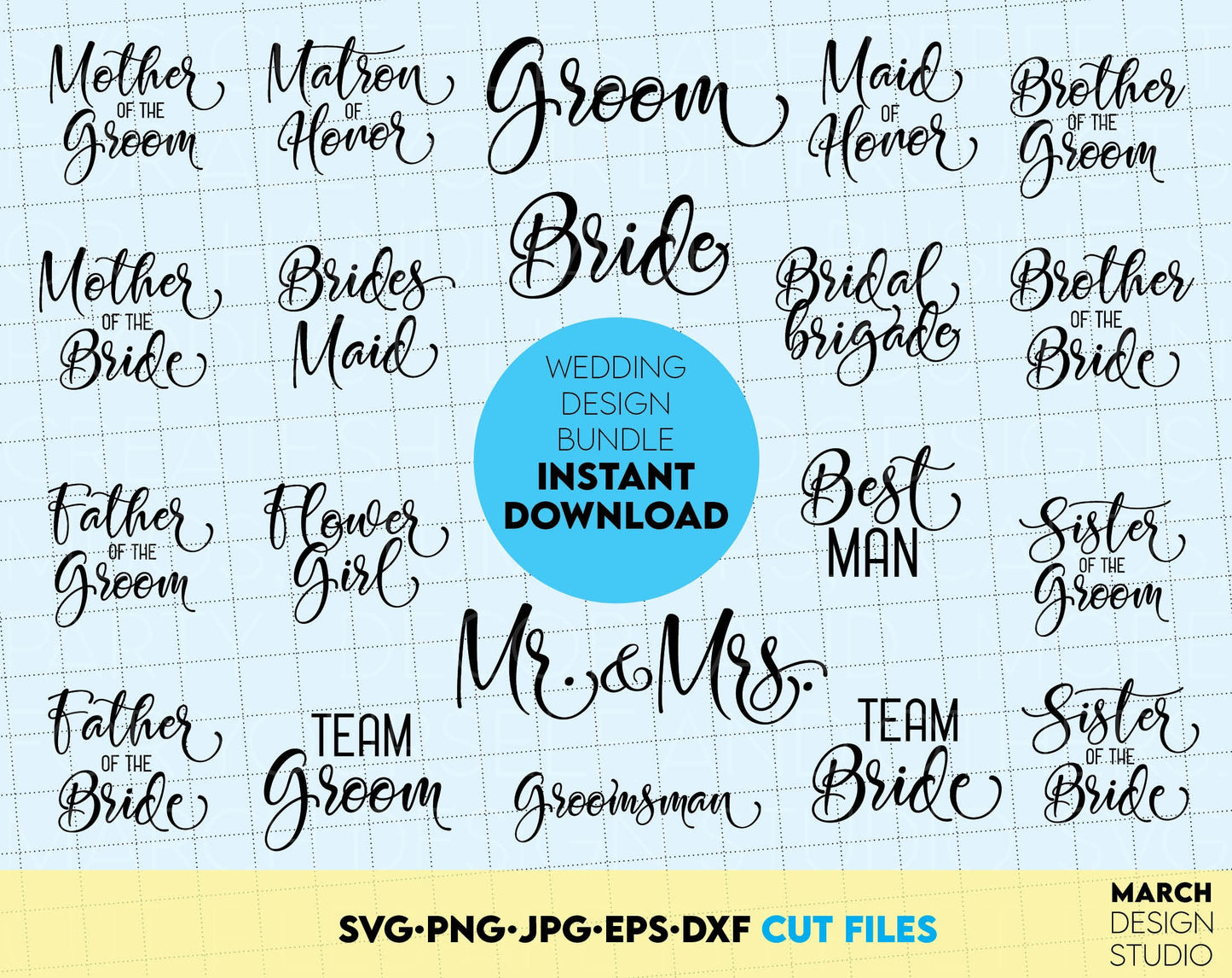 Wedding sayings bundle - mr and mrs, groom, bride etc. SVG, PNG, JPG, EPS and DXF files included. Use for cutting from vinyl, sublimation or laser cut, grave projects. Compatible with Cricut, Silhouette and other machines. Buy now and enjoy!