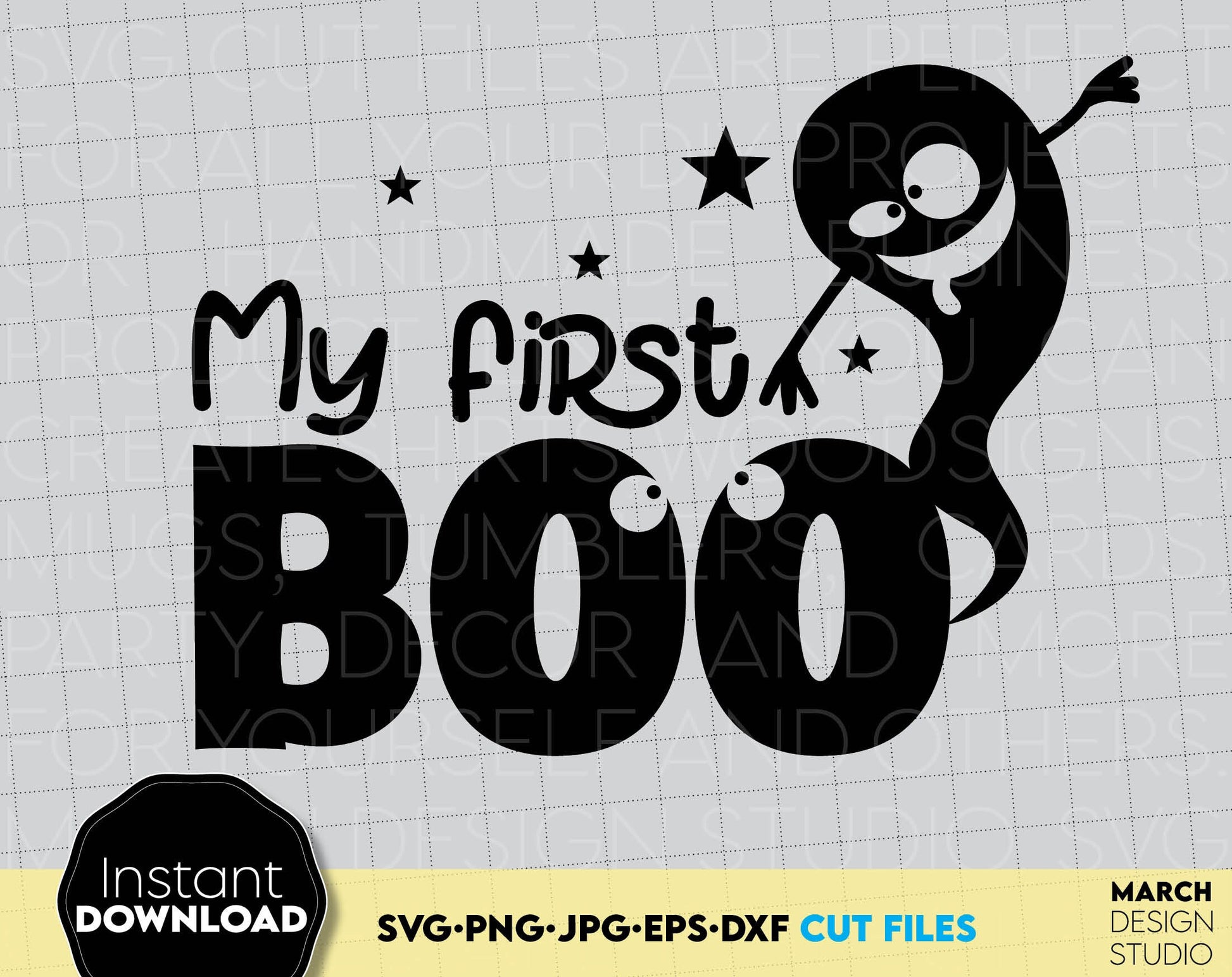 My First Boo design for your Halloween evening project for kids. The SVG, PNG, DXF, EPS or JPG file format allows this design to be used for shirts, mugs, wall decorations or front porch door decorations. Compatible with Cricut, Silhouette machines.