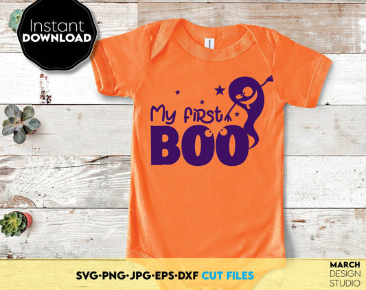 My First Boo design for your Halloween evening project for kids. The SVG, PNG, DXF, EPS or JPG file format allows this design to be used for shirts, mugs, wall decorations or front porch door decorations. Compatible with Cricut, Silhouette machines.