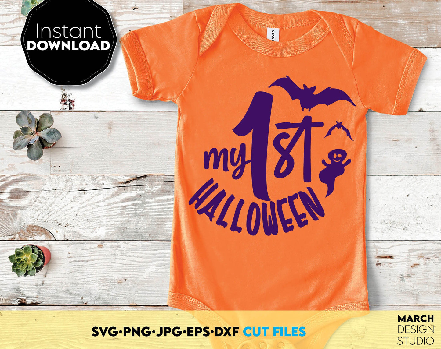 My First Halloween Boo SVG design for your Halloween evening project for kids. The SVG, PNG, DXF, EPS or JPG file format allows this design to be used for shirts, mugs. Compatible with Cricut, Silhouette or other machines. Buy now for a good price!