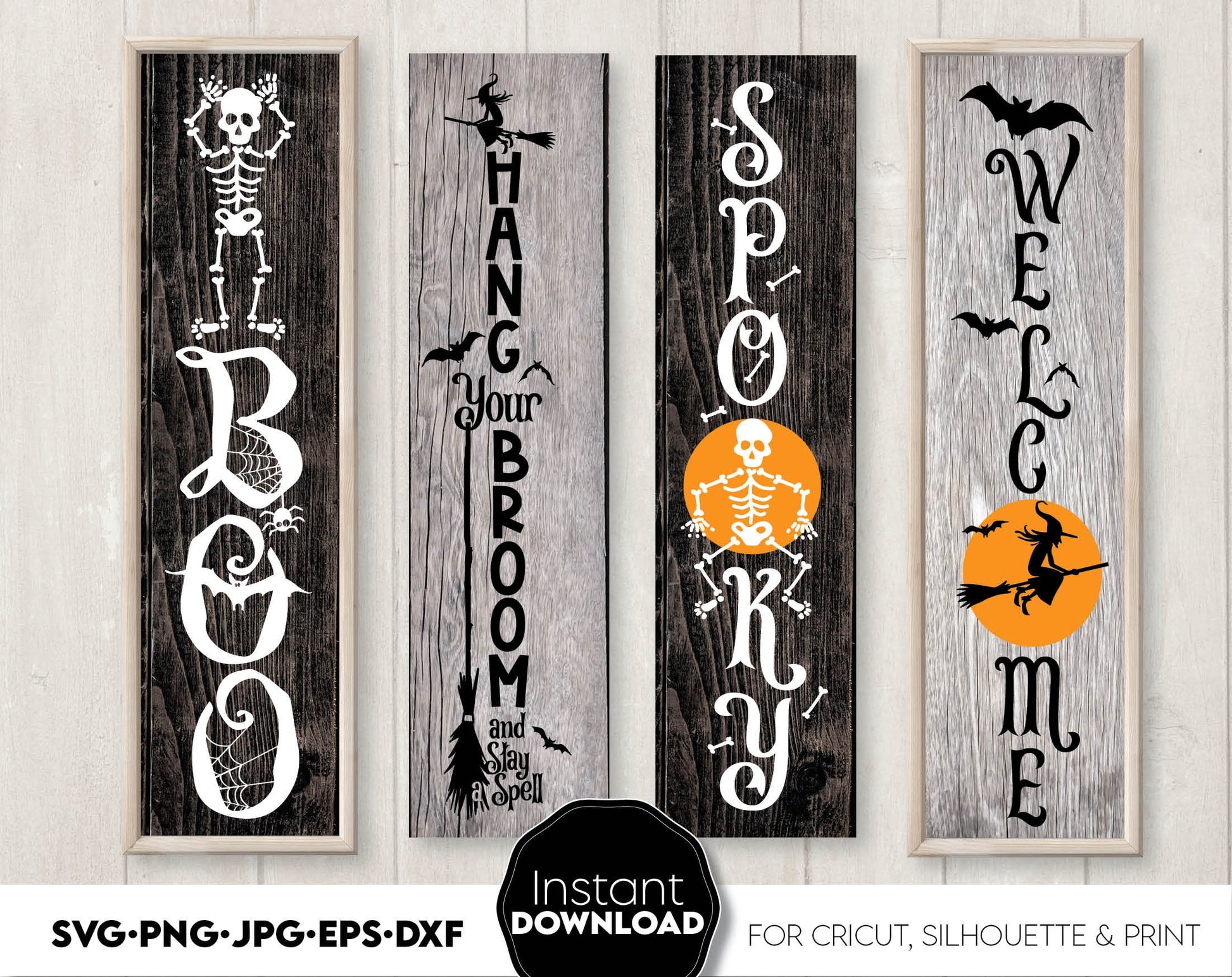 Halloween SVG front porch signs bundle design for your Halloween evening project. The SVG, PNG, DXF, EPS or JPG file format allows this design to be used for shirts, mugs, wall decorations or front porch door decorations.