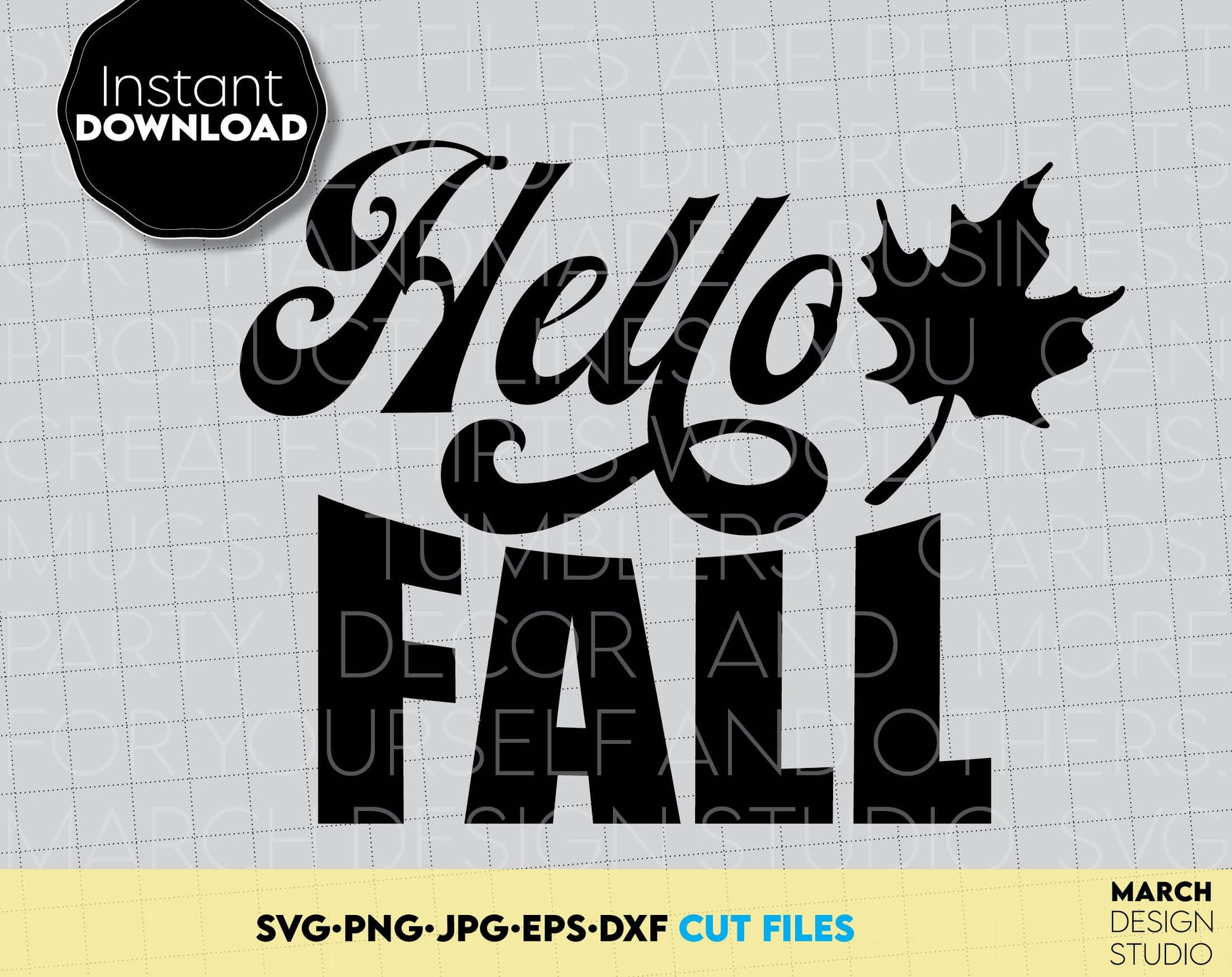 Hello Fall Design for Your Autumn projects. SVG, DXF, EPS, PNG and JPG files included. Compatible with Cricut, Silhouette, Glowforge equipment. Cut from vinyl, use for sublimation or laser cut projects. Buy now for a good price and enjoy!