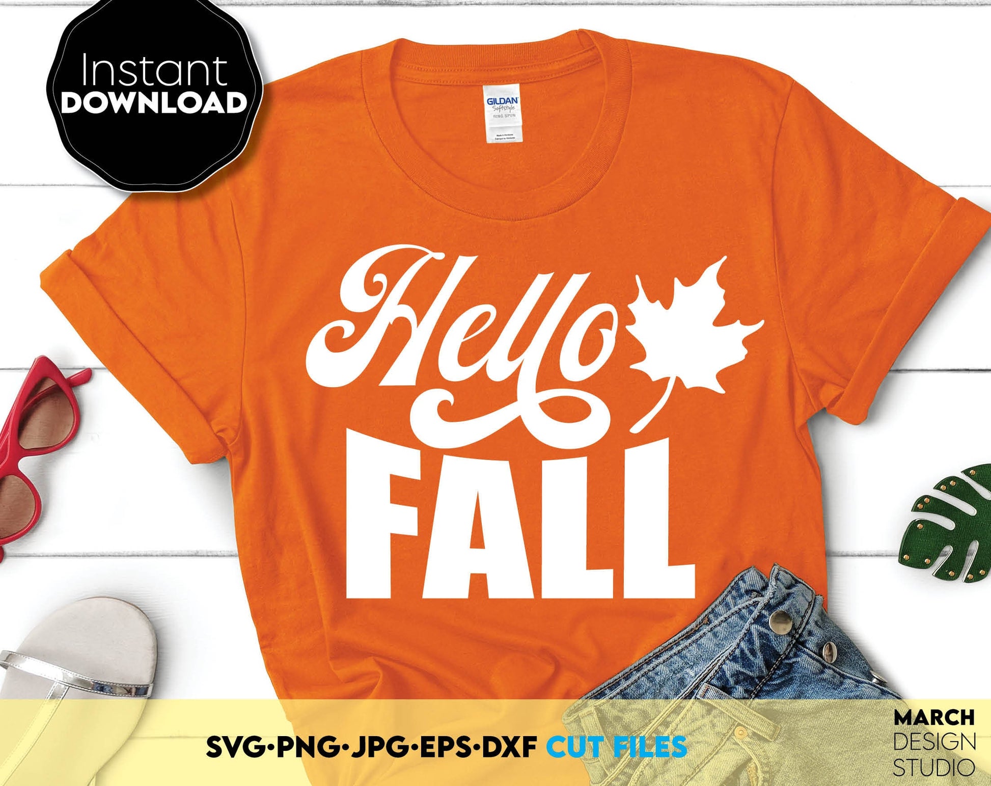 Hello Fall Design for Your Autumn projects. SVG, DXF, EPS, PNG and JPG files included. Compatible with Cricut, Silhouette, Glowforge equipment. Cut from vinyl, use for sublimation or laser cut projects. Buy now for a good price and enjoy!