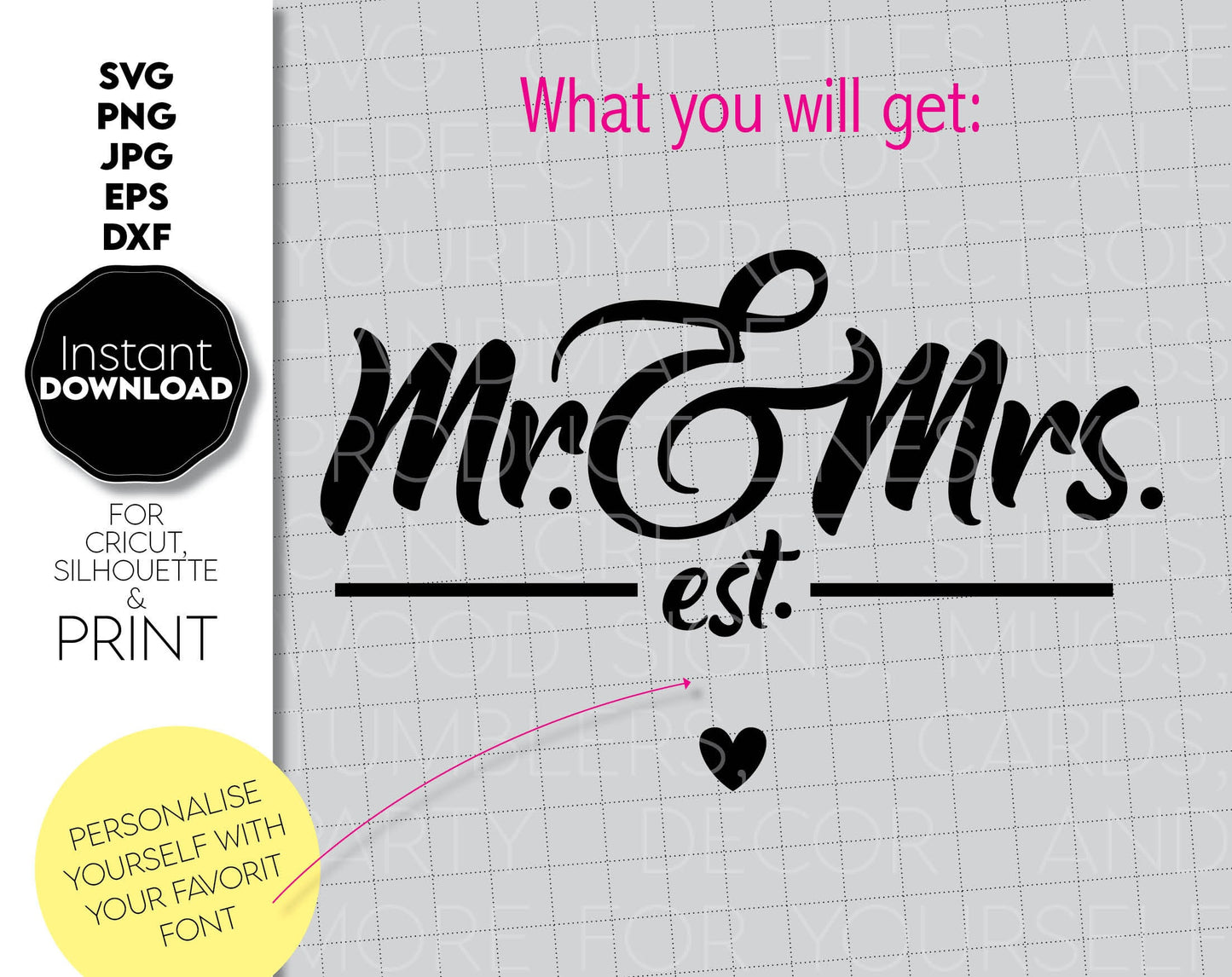 Mr. and Mrs. wedding sign for Yours wedding projects. Make gifts, put on shirts for honeymoon, etc. SVG, PNG, JPG DXF, and EPS files included. Use for cutting from vinyl, sublimation or laser cut projects. Buy now for a good price and enjoy!