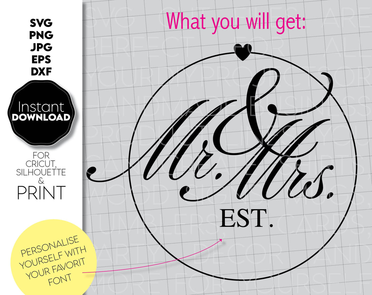 These Mr and Mrs SVG file design you can use them to surprise and delight your loved ones in an important event in life.
Mr. and Mrs. SVG is great and thoughtful gifts for weddings, wedding anniversaries. Compatible with Cricut and other machines.