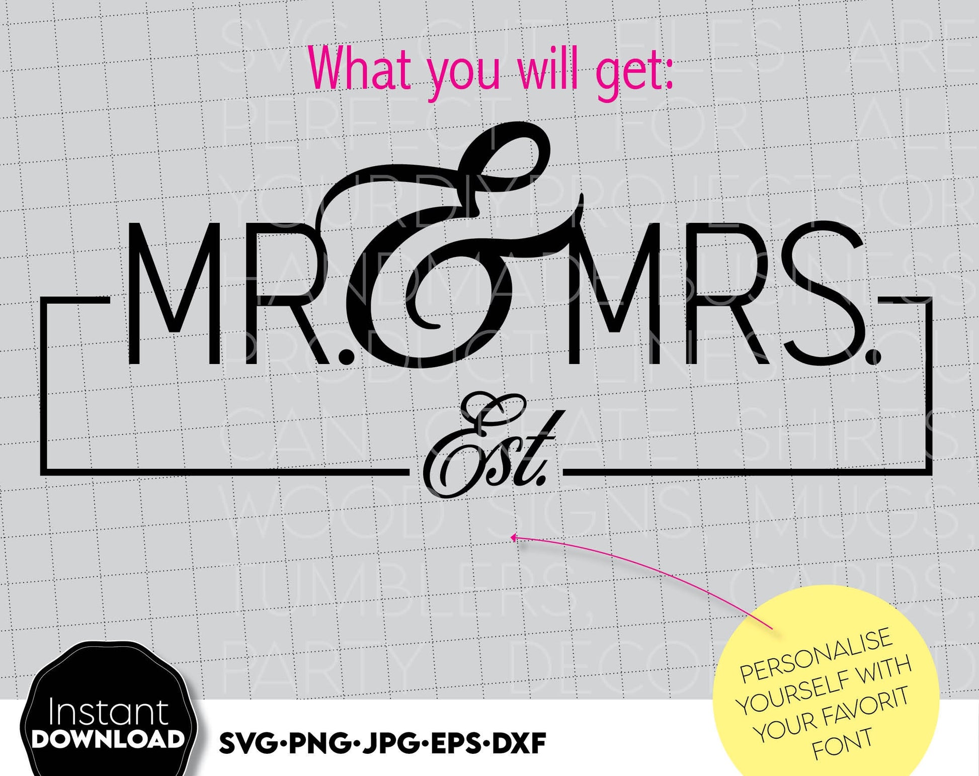 These Mr and Mrs sign design, you can use to surprise and delight your loved ones in an important event in life. Mr. and Mrs. is great and thoughtful gifts for weddings or wedding anniversaries. Files are compatible with Cricut, Silhouette machines.