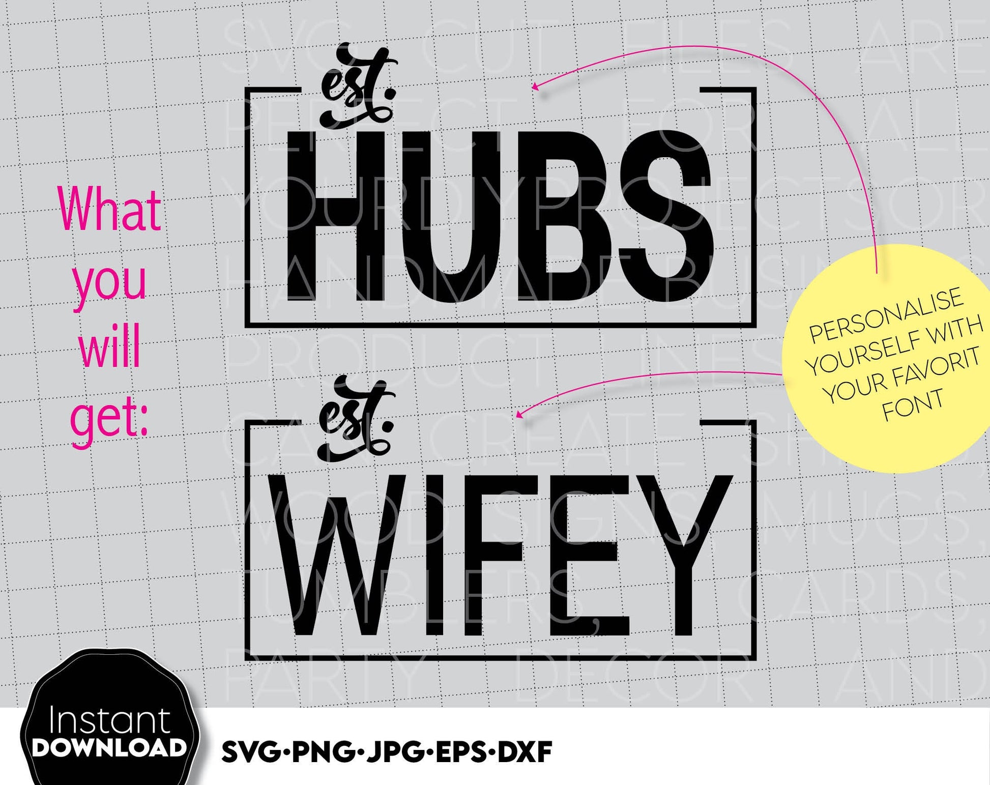 Hubs and Wifey design for couple honeymoon shirts. SVG PNG JPG EPS DXF files included. Compatible with Cricut, Silhouette or other equipment. Cut from vinyl, use for sublimation or laser cut or grave projects. Buy now for a good price and enjoy!