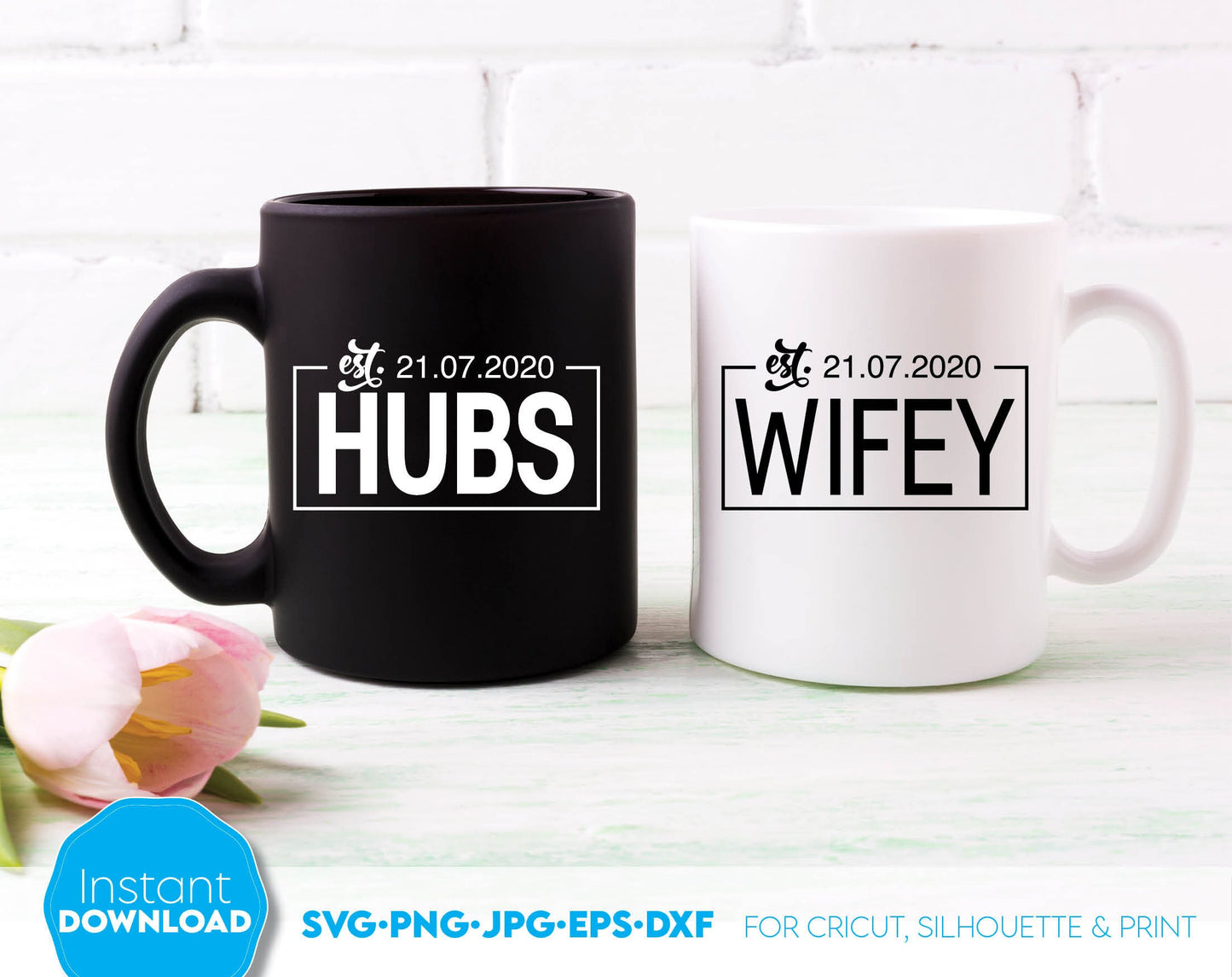 Hubs and Wifey design for couple honeymoon shirts. SVG PNG JPG EPS DXF files included. Compatible with Cricut, Silhouette or other equipment. Cut from vinyl, use for sublimation or laser cut or grave projects. Buy now for a good price and enjoy!