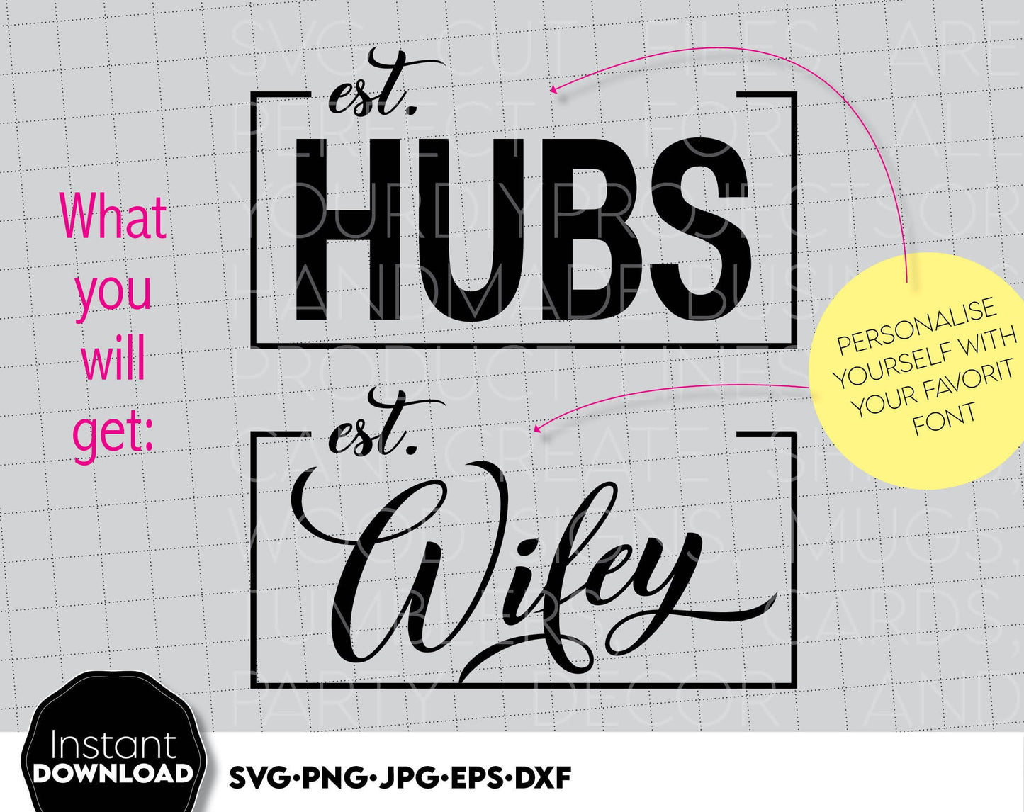 I have made these custom Wifey and Hubs SVG file designs, and I hope you can use them to surprise and delight your loved ones in an important event in life.
Mr and Mrs svg are great and thoughtful gifts for weddings, wedding anniversaries, etc.