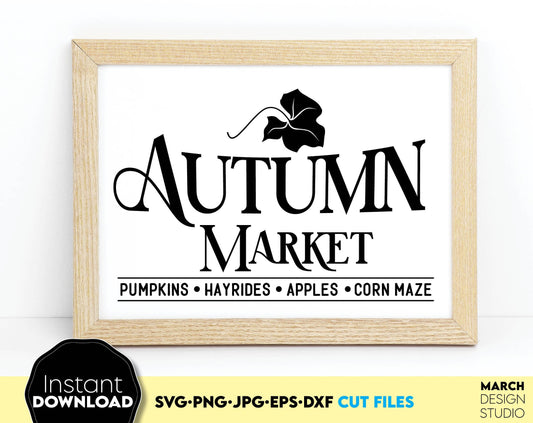 Pumpkin autumn market is a great design to decorate your Farmhouse autumn market. Use it when you organize an autumn harvest market. Use as a country house decor for the kitchen. Autumn leaves and pumpkins brightly illuminate this beautiful time.