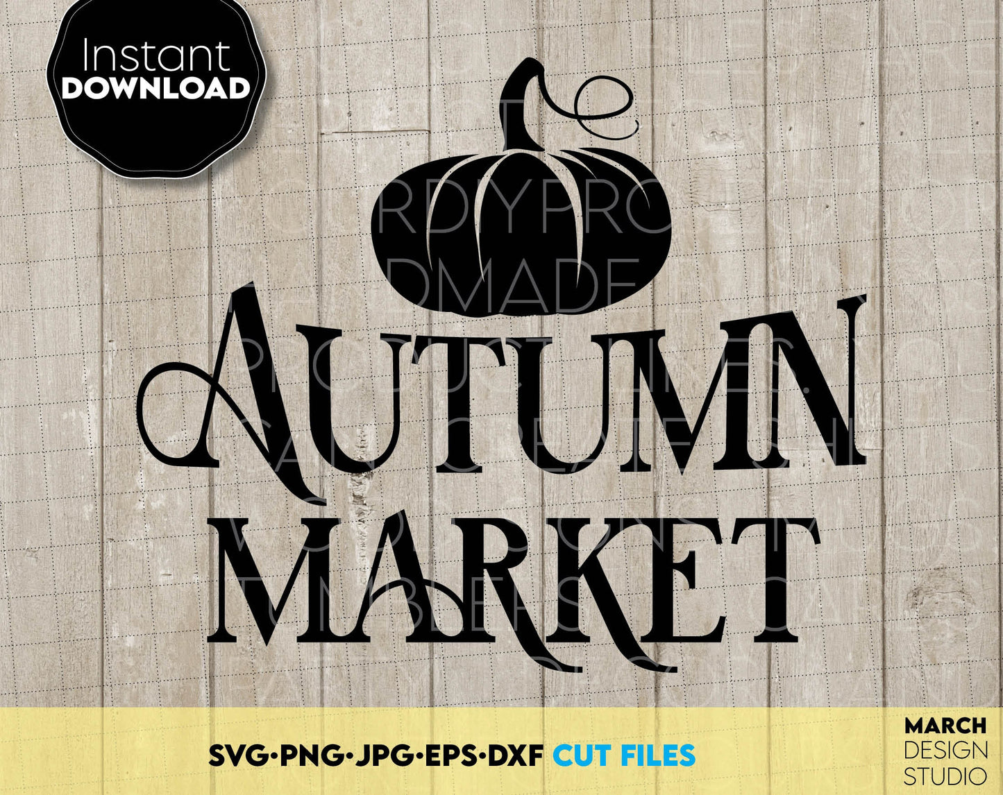 Farmhouse Autumn Market Sign with Pumpkin on it. SVG, PNG, JPG, EPS and DXF files included. Compatible with Cricut, Silhouette and Glowforge machines. Usable for sublimation or laser cutting projects as well. Buy now and enjoy!