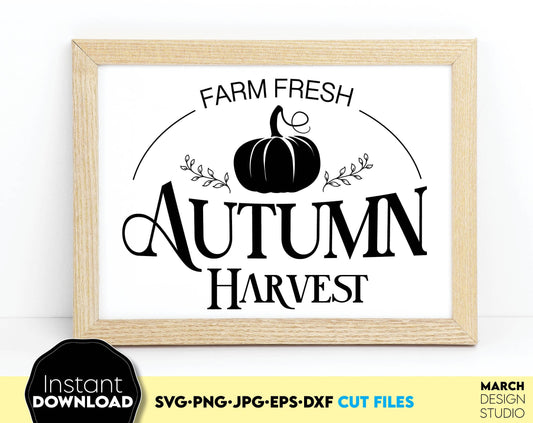 A great design to decorate your Farmhouse. Use it when you organize an autumn harvest market. Use as a country house decor for the kitchen. SVG, PNG, JPG, EPS, DXF files included. Compatible with Cricut, Silhouette or other machines. Buy it now!