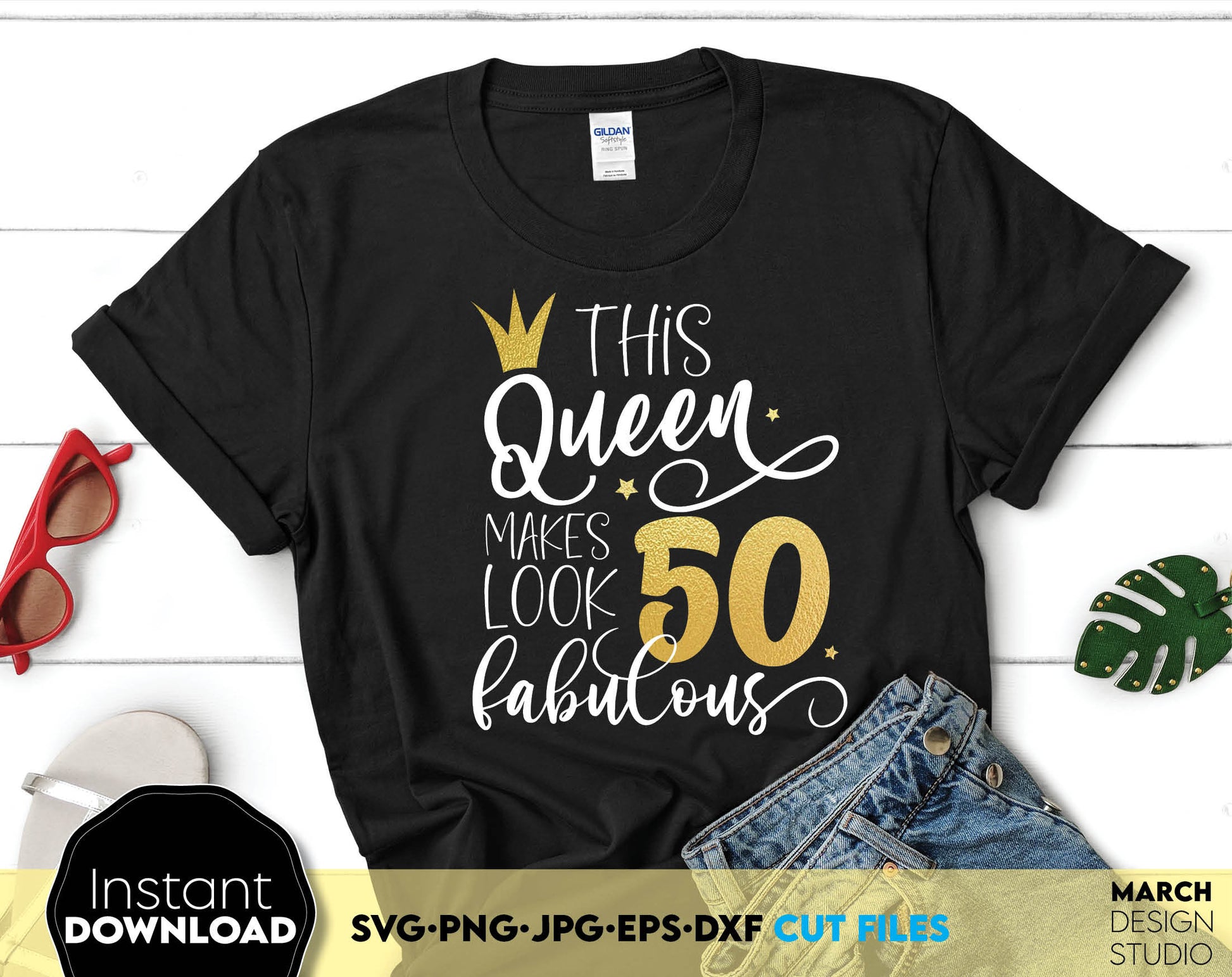 50 and fabulous birthday queen shirt design, with golden crown and number on it. SVG, PNG, JPG, EPS, DXF files included. Cut from vinyl, use for sublimation or other projects. Compatible with Cricut, Silhouette or other equipment. Buy now and enjoy!