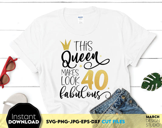 This Queen Make Looks 40 and Fabulous Birthday shirt design. SVG, PNG, JPG, EPS and DXF files included. Compatible with Cricut, Silhouette and others machines. Use for sublimation or laser cut projects as well. Buy now for a good price. Enjoy!