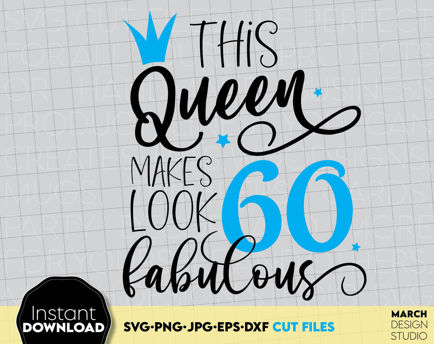 60th Birthday Queen and fabulous design for Your 60th Birthday gift Project. Cut from vinyl or use as sublimation file. Golden design is royal and beautiful. Buy now for a good price and enjoy!