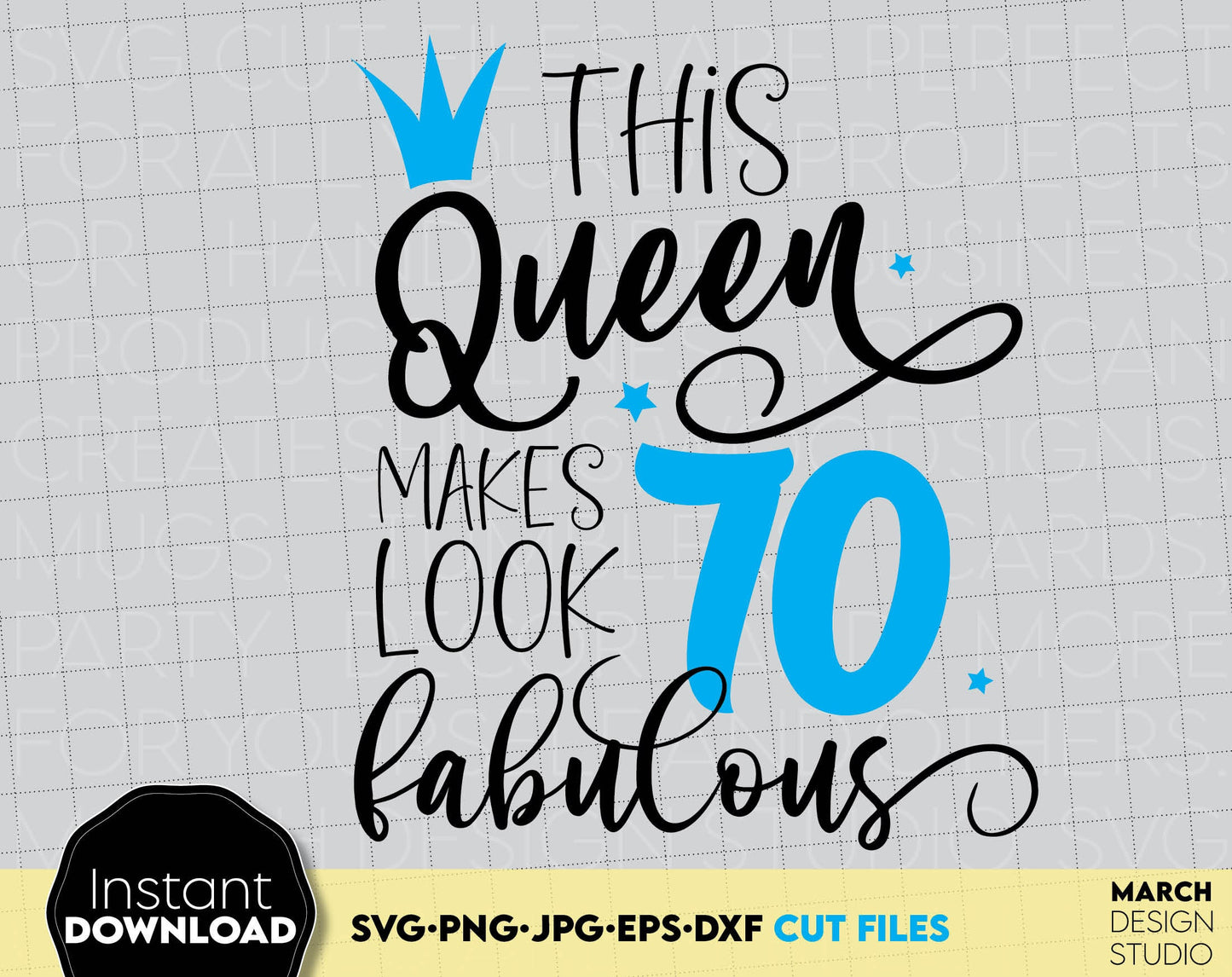 70th Birthday Queen design for Your Gift Project. Cut from vinyl or use as sublimation file. Golden design is royal and beautiful. SVG PNG DXF EPS JPG files included. Compatible with Cricut, Silhouette, Glowforge equipment. Buy now and enjoy!