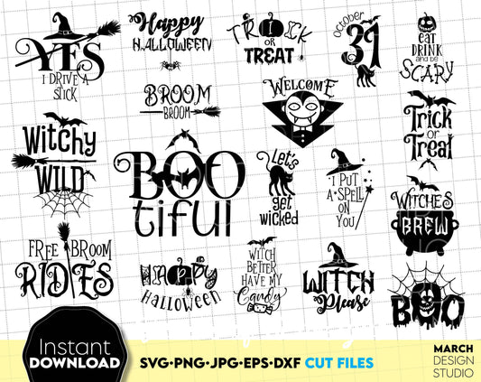 Halloween quotes bundle designs for your Halloween evening projects. The SVG, PNG, DXF, EPS or JPG file format allows this design to be used for shirts, mugs, wall decorations or front porch door decorations. Halloween Quotes in every design. Buy now