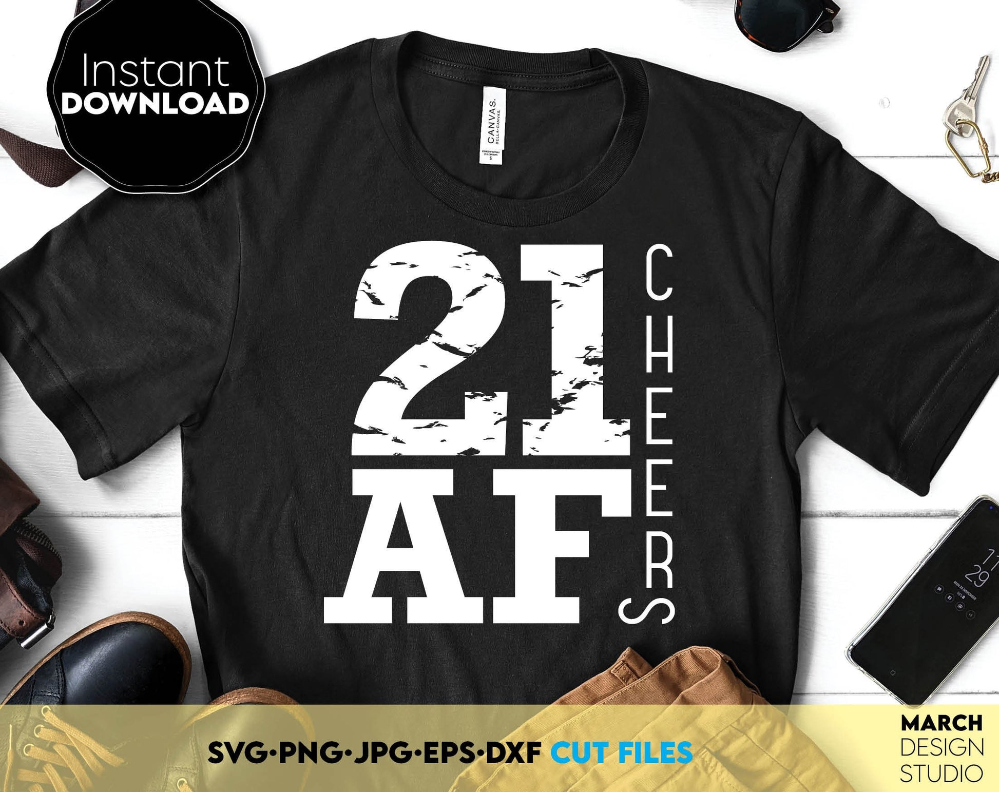 Legal Af Twenty One Birthday Shirt design. SVG PNG JPG EPS DXF files included. Compatible with Cricut, Silhouette or other equipment. Cut from vinyl, use for sublimation or laser cut or grave projects. Buy now for a good price and enjoy! Legal 21st.