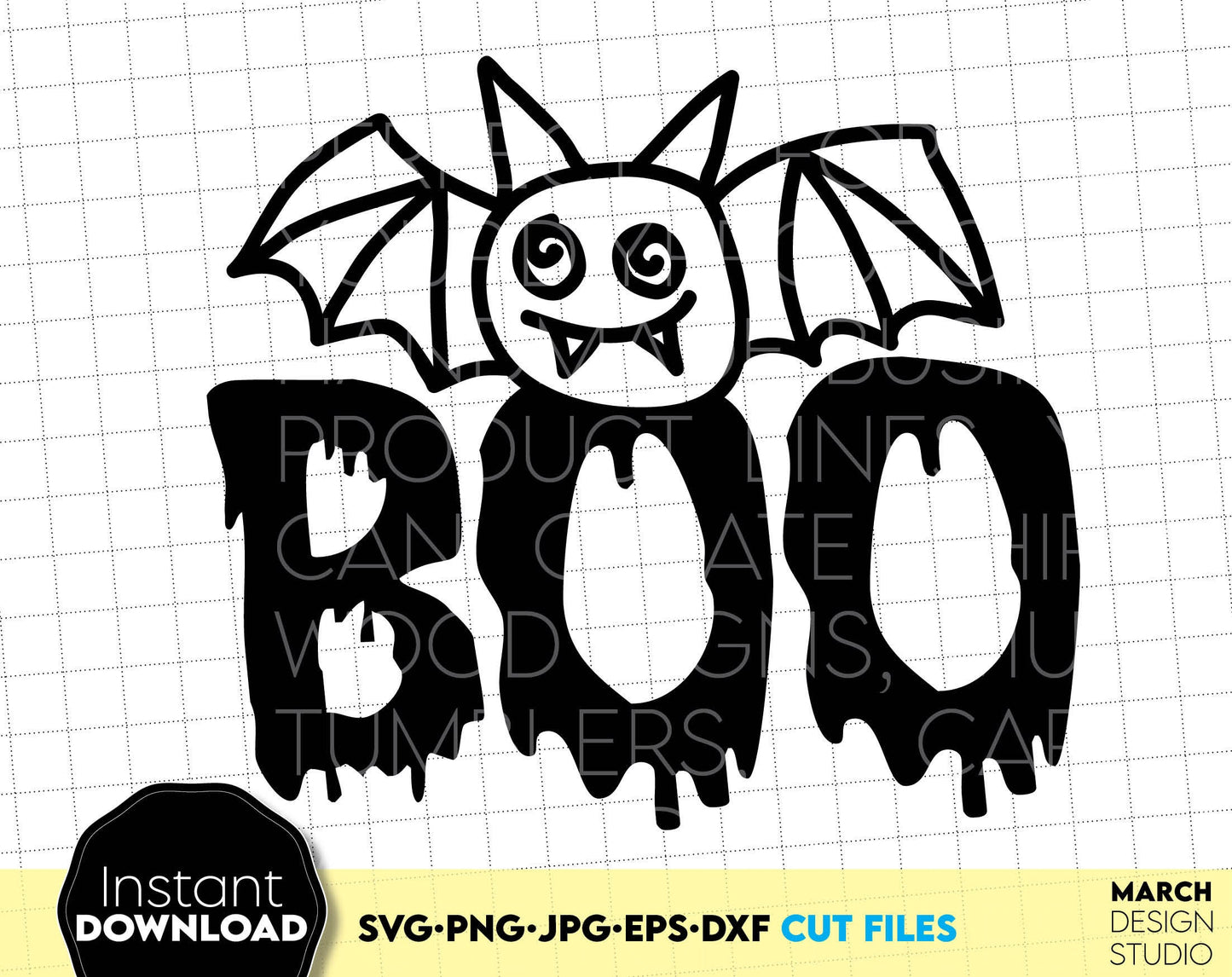 Boo Bat design for your Halloween evening project. The SVG, PNG, DXF, EPS or JPG file format allows this design to be used for shirts, mugs, wall decorations or front porch door decorations. Use with Cricut, Silhouette, Glowforge or as laser cut.