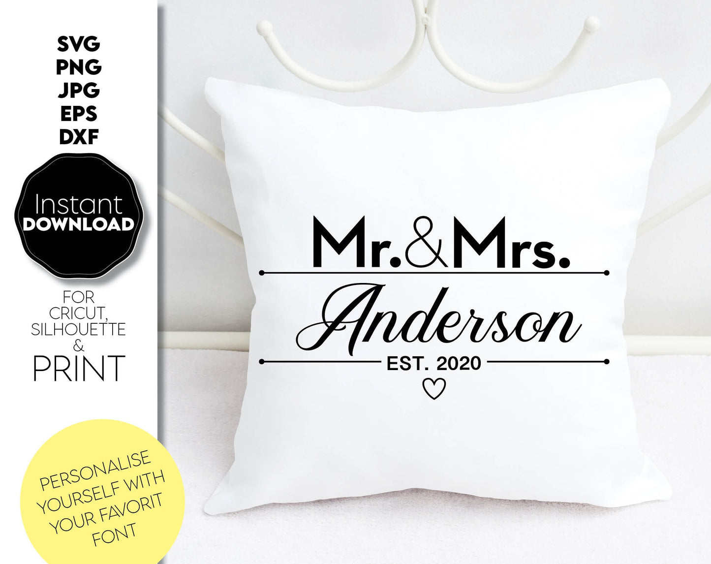 Mr. and Mrs. Split wedding sign for Your wedding, anniversary or honeymoon projects. SVG, PNG, JPG, EPS and DXF files included. Compatible with Cricut, Silhouette and others machines. Use for sublimation or laser cut projects as well. Buy now. Enjoy!