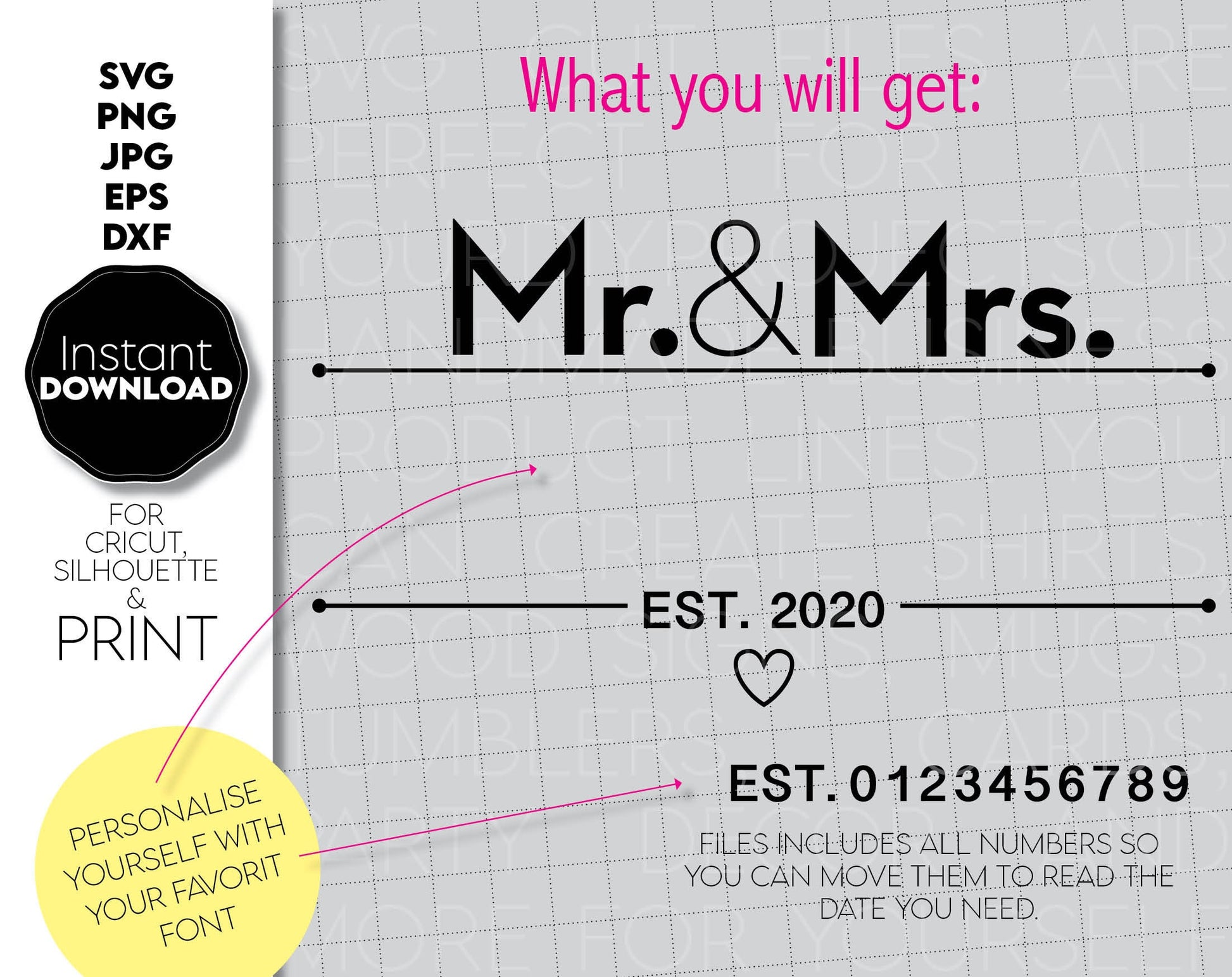 Mr. and Mrs. Split wedding sign for Your wedding, anniversary or honeymoon projects. SVG, PNG, JPG, EPS and DXF files included. Compatible with Cricut, Silhouette and others machines. Use for sublimation or laser cut projects as well. Buy now. Enjoy!