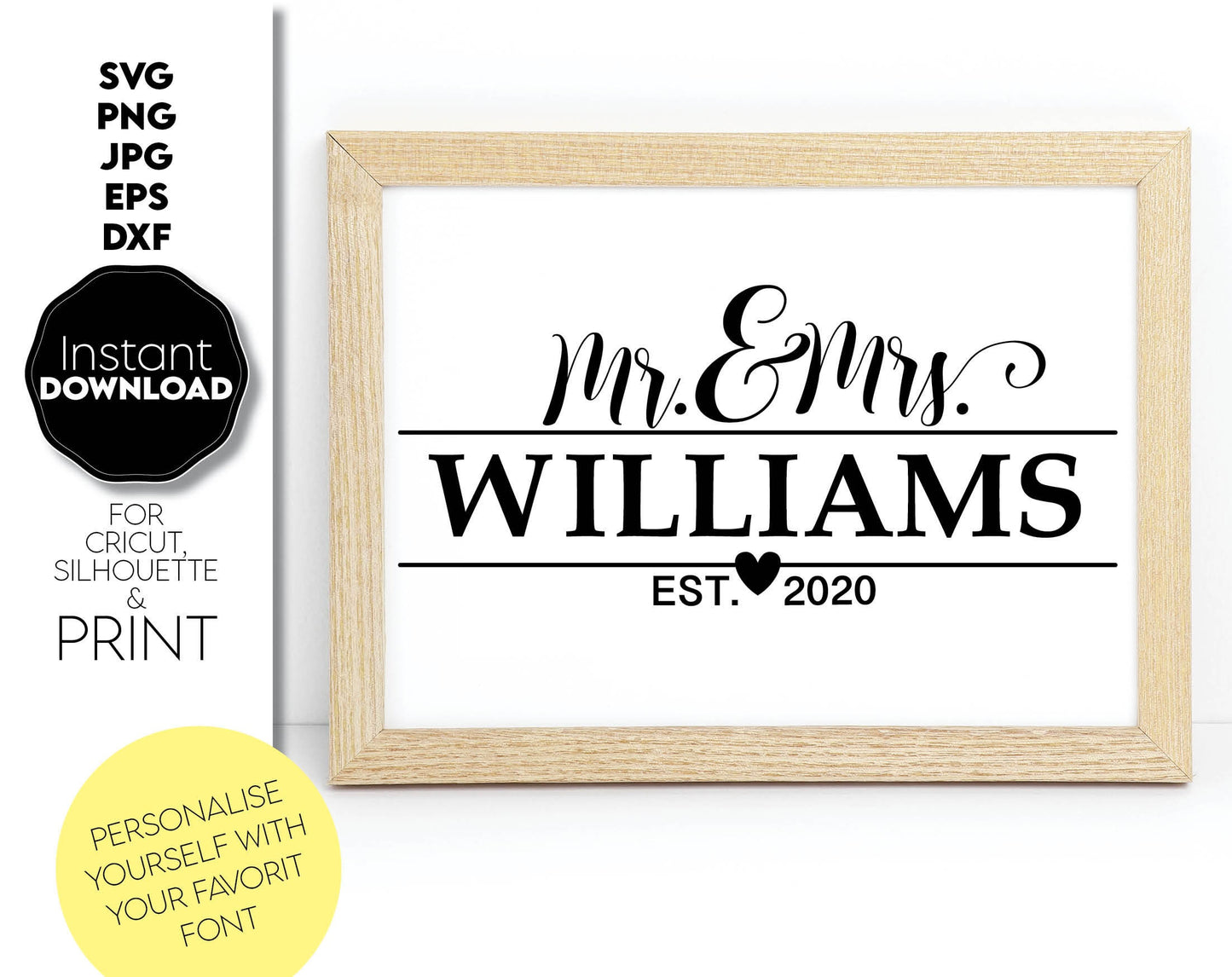 Mr. and Mrs. wedding split monogram. Design for wedding post boxes, gifts, welcome signs or other wedding gift ideas. SVG, PNG, JPG, EPS, DXF files included. Compatible with Cricut or others machines. Use for sublimation or laser cut projects as well