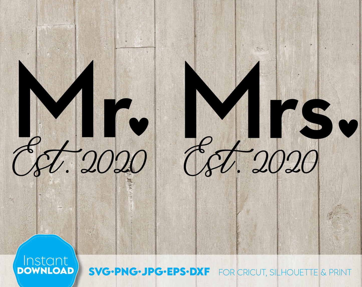 mr. and mrs. sign for wedding or shirts design. Use for cutting form vinyl, sublimation or laser cut projects. SVG, PNG, JPG, DXF, EPS files included. Compatible with Cricut, Silhouette, Glowforge and other equipment. Buy now for a good price, enjoy!